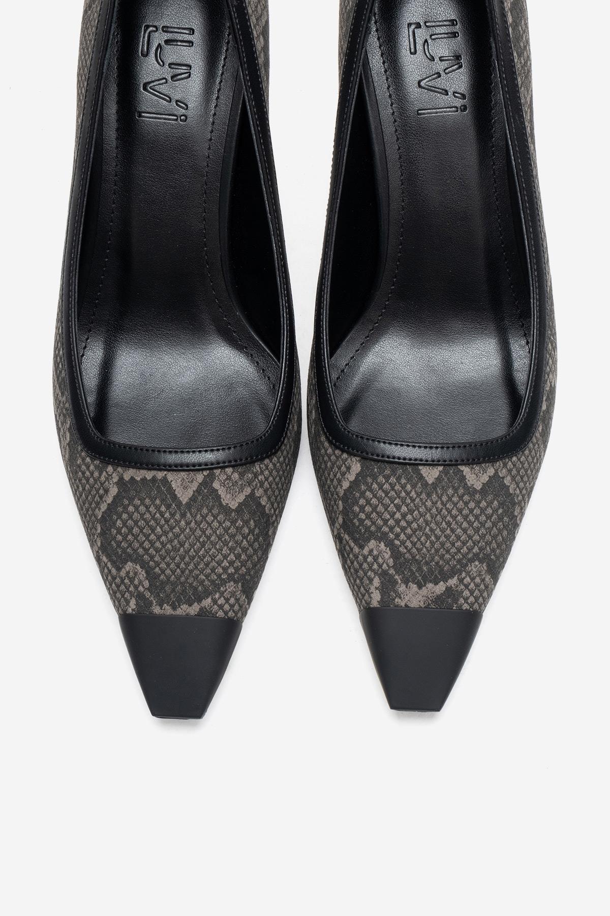 RONA - Gray Patterned Pointed Toe Stiletto Pump – side view showing leather, Vowalisse