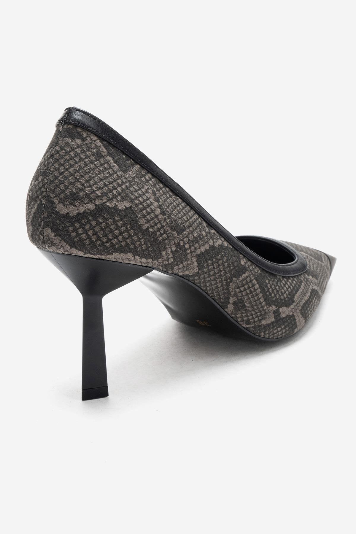 RONA - Gray Patterned Pointed Toe Stiletto Pump – back view showing leather, Vowalisse