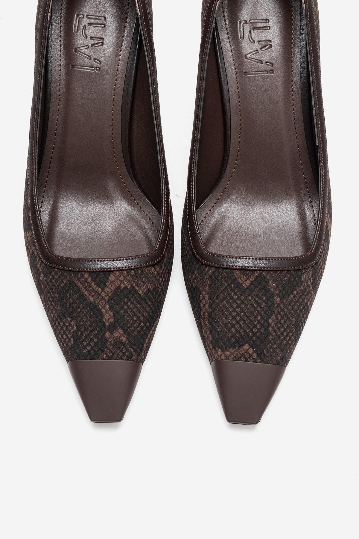 RONA - Brown Patterned Pointed Toe Stiletto Pump – side view showing leather, red, Vowalisse