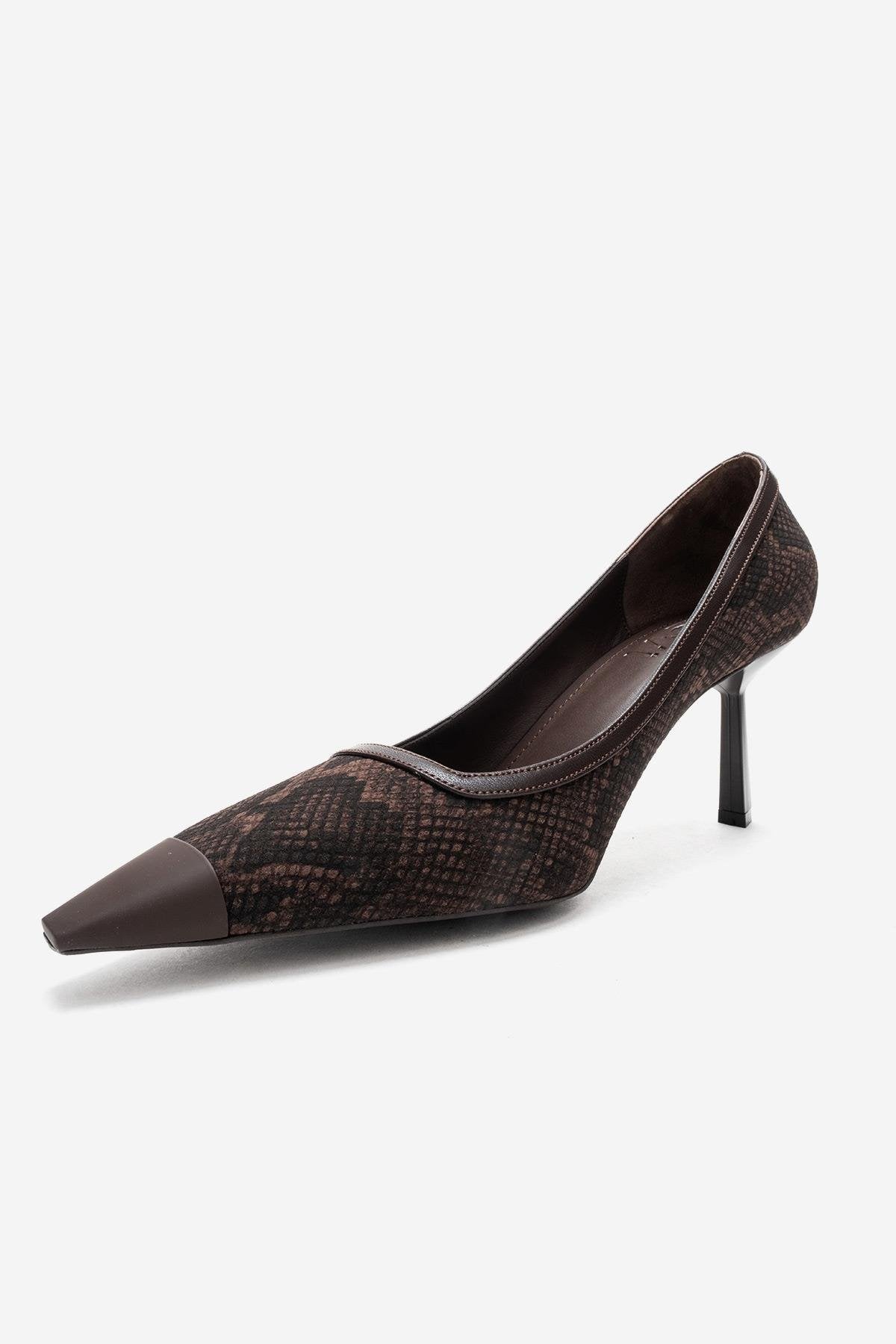 RONA - Brown Patterned Pointed Toe Stiletto Pump – heel view showing leather, red, Vowalisse