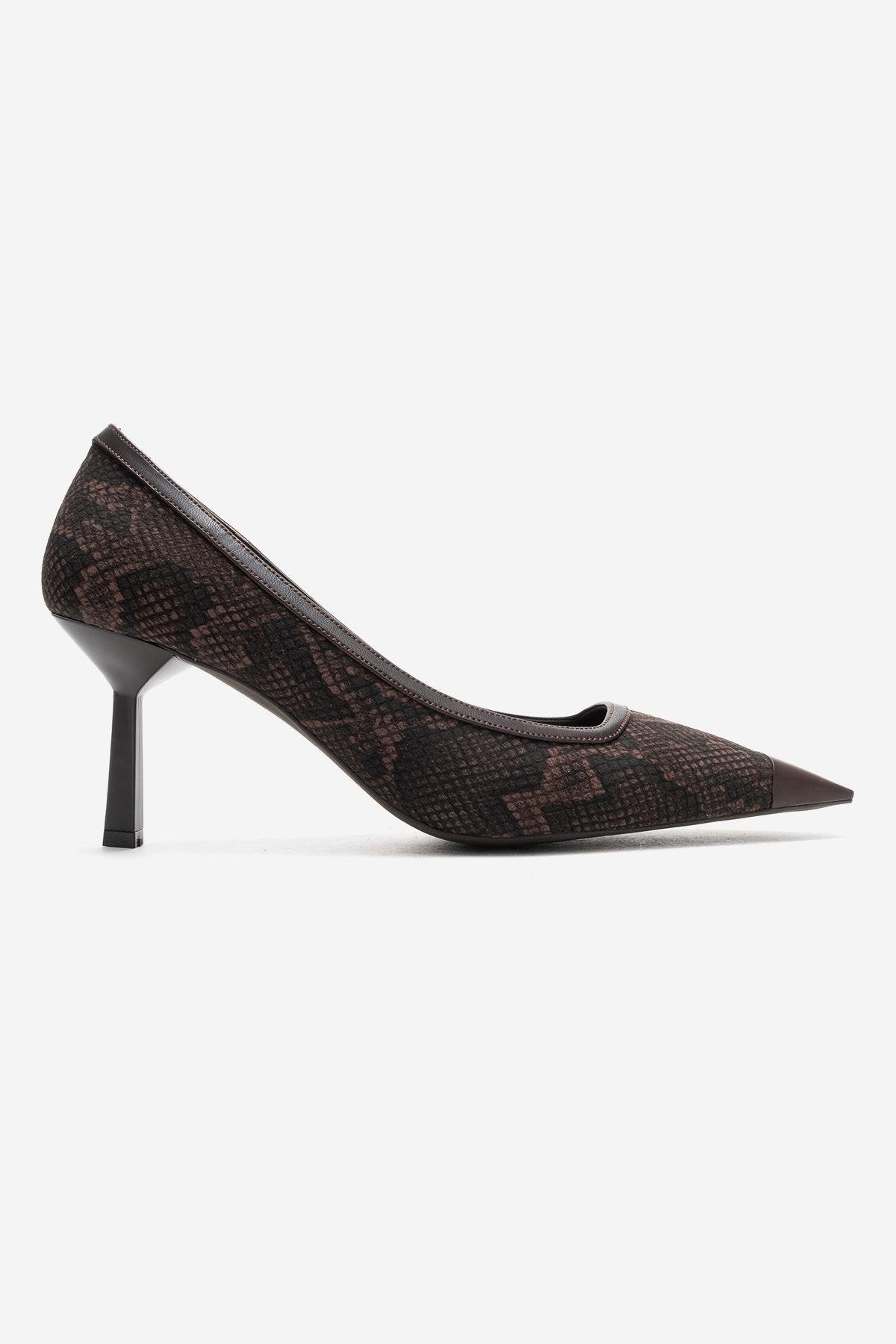 RONA - Brown Patterned Pointed Toe Stiletto Pump – top view showing leather, red, Vowalisse
