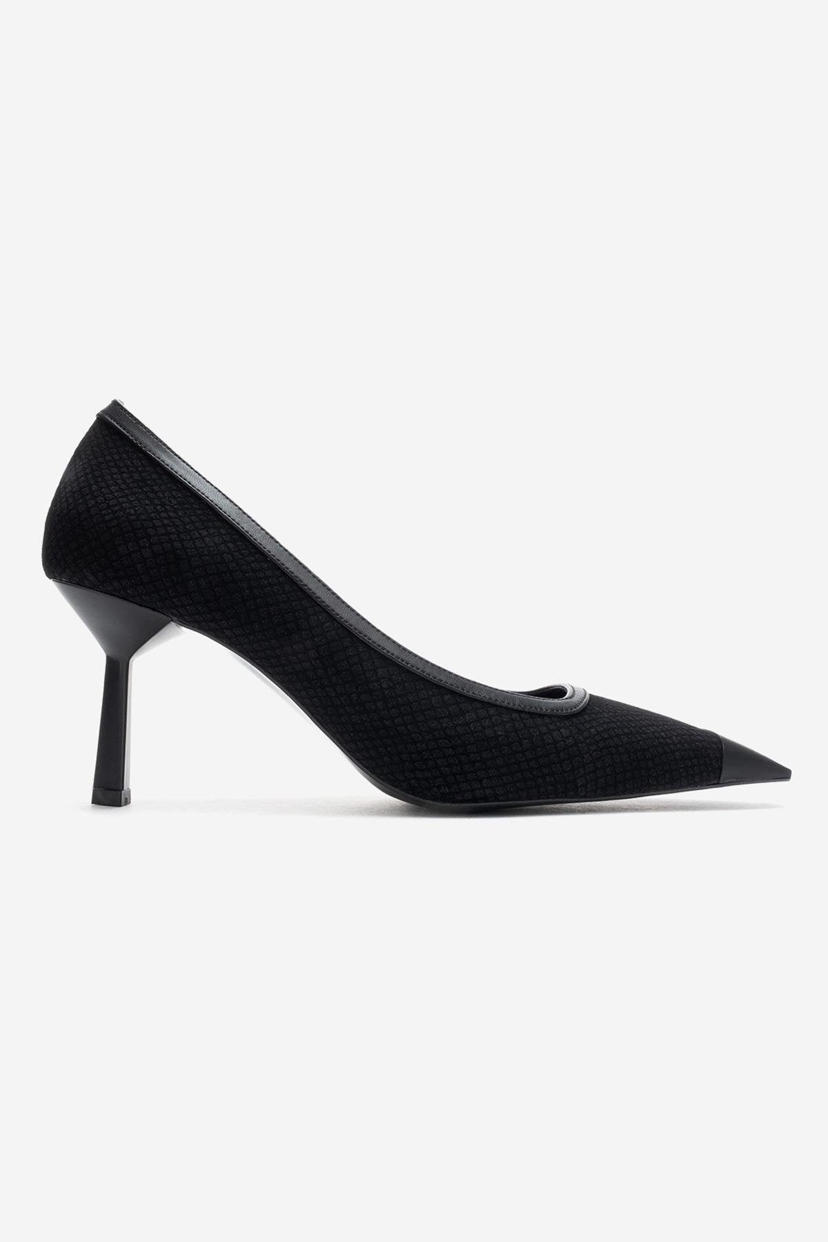 RONA - Black Patterned Pointed Stiletto Pump – top view showing leather, black, Vowalisse