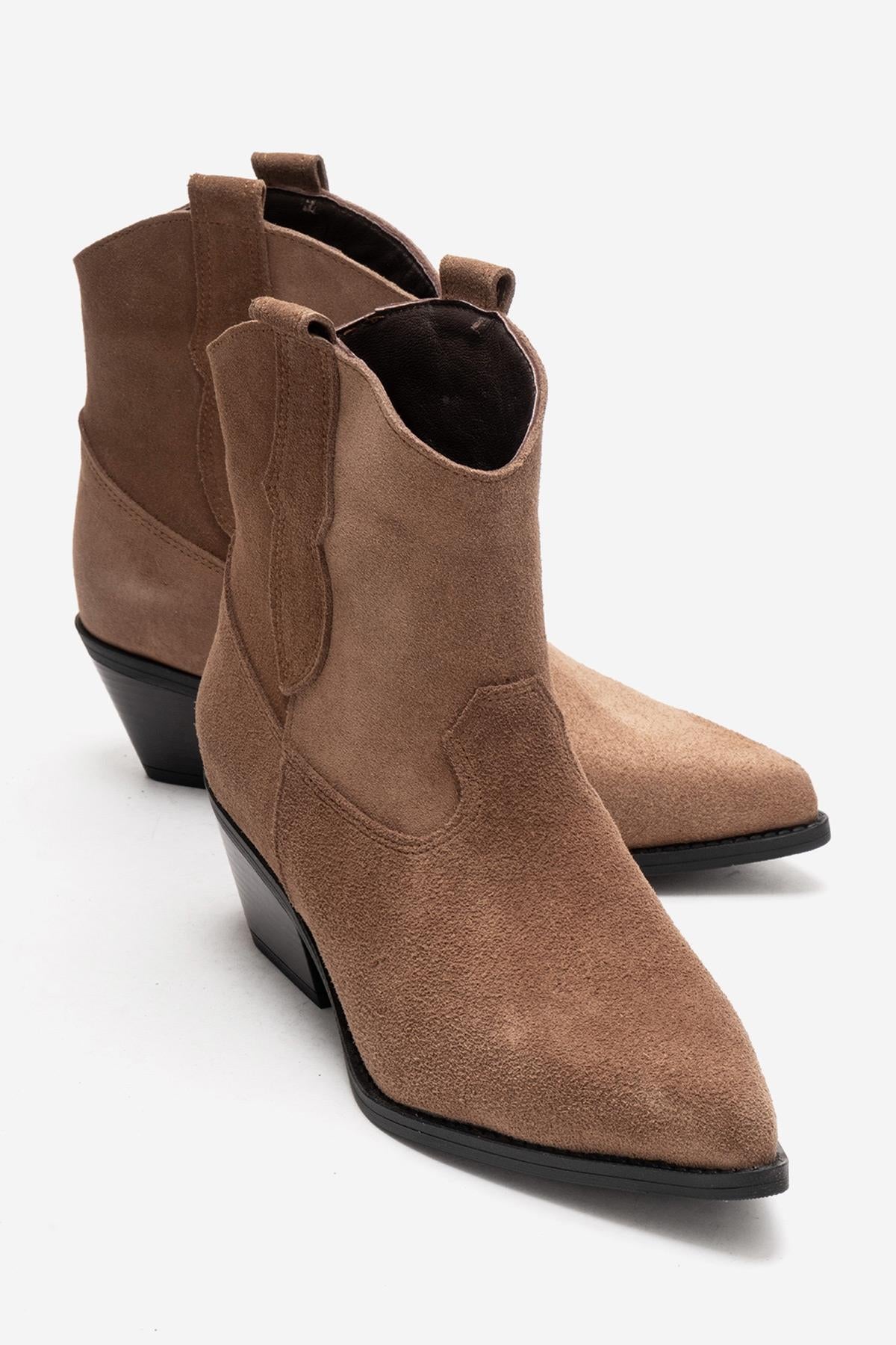 ELIA - Camel Genuine Leather Block Heel Western Boot – front three-quarter view showing leather, suede, Vowalisse