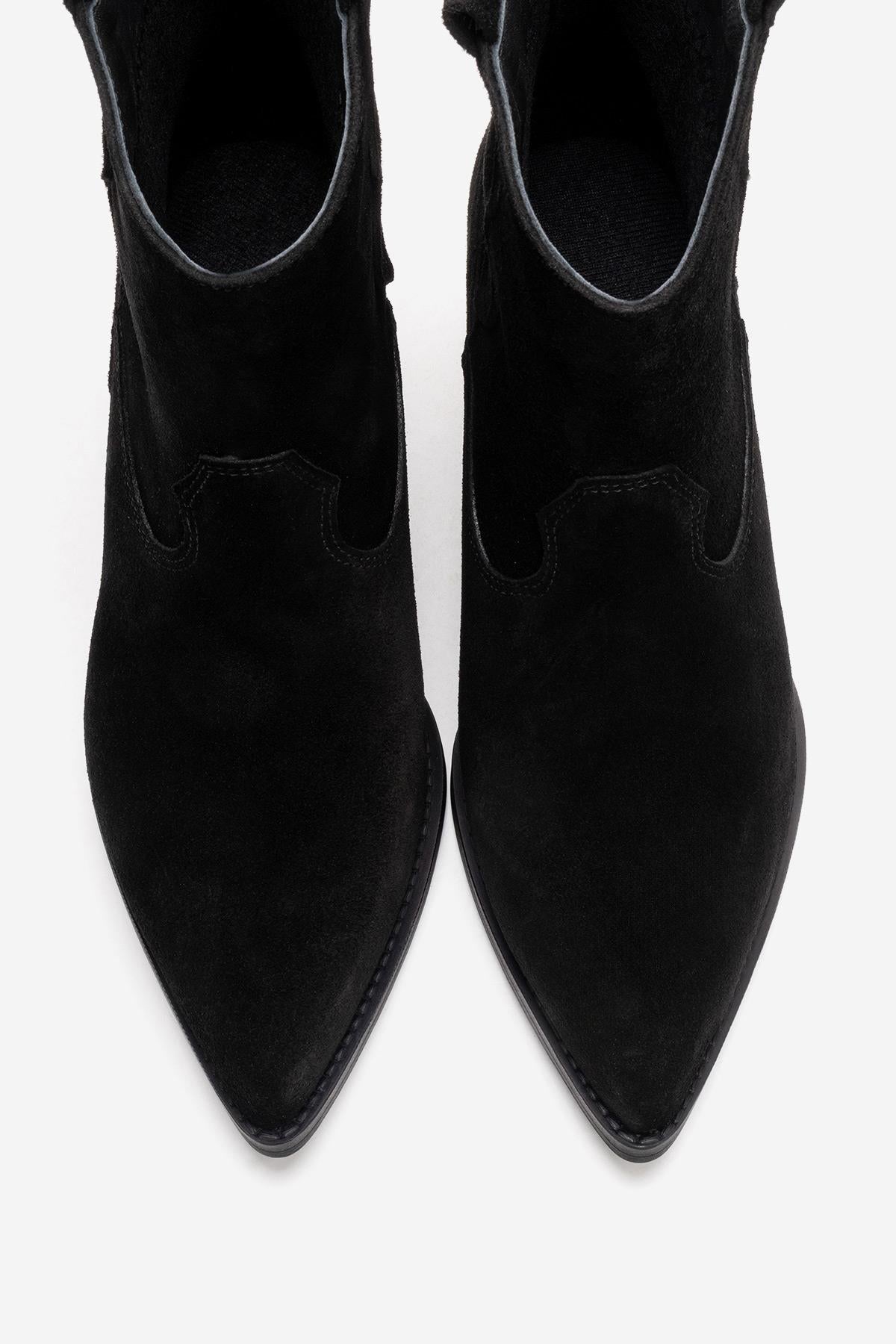 ELIA - Black Genuine Leather Block Heel Western Boot – side view showing leather, suede, black, Vowalisse