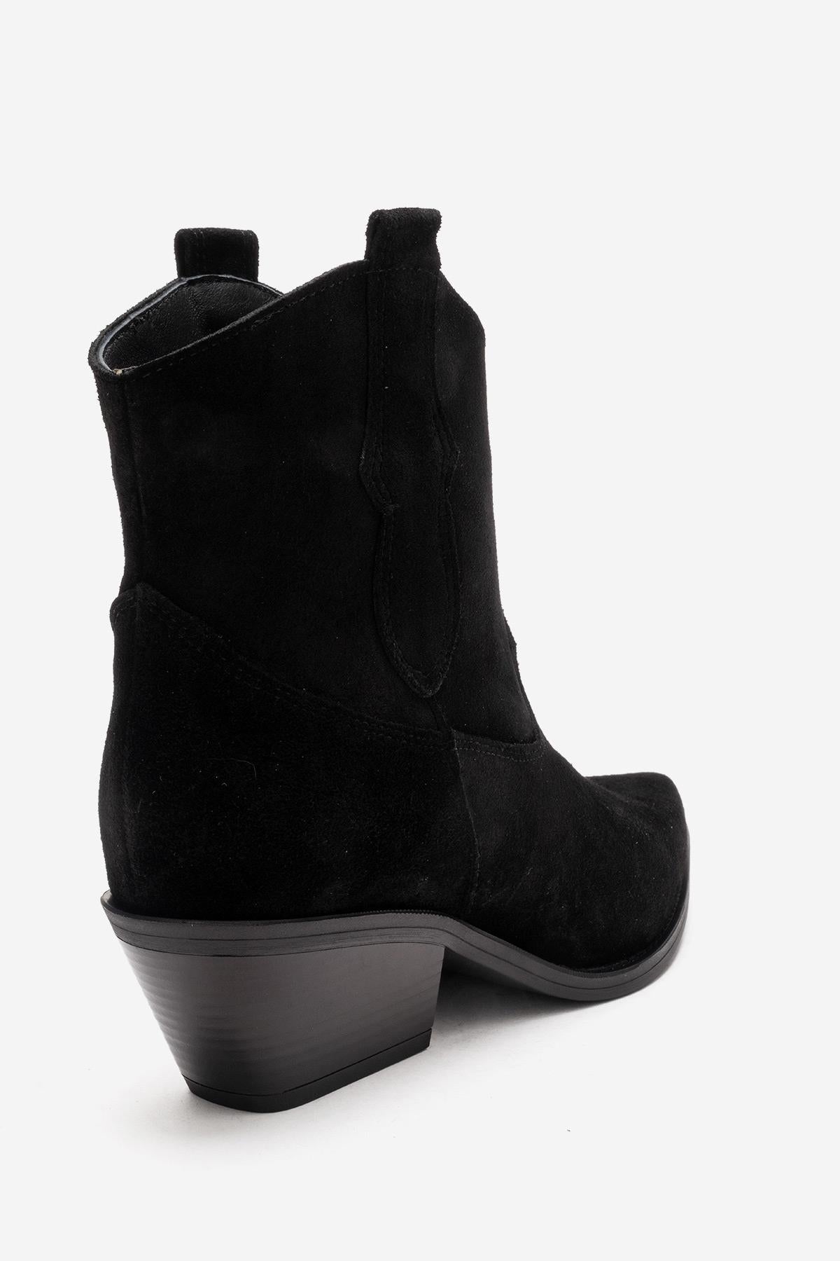 ELIA - Black Genuine Leather Block Heel Western Boot – heel view showing leather, suede, black, Vowalisse
