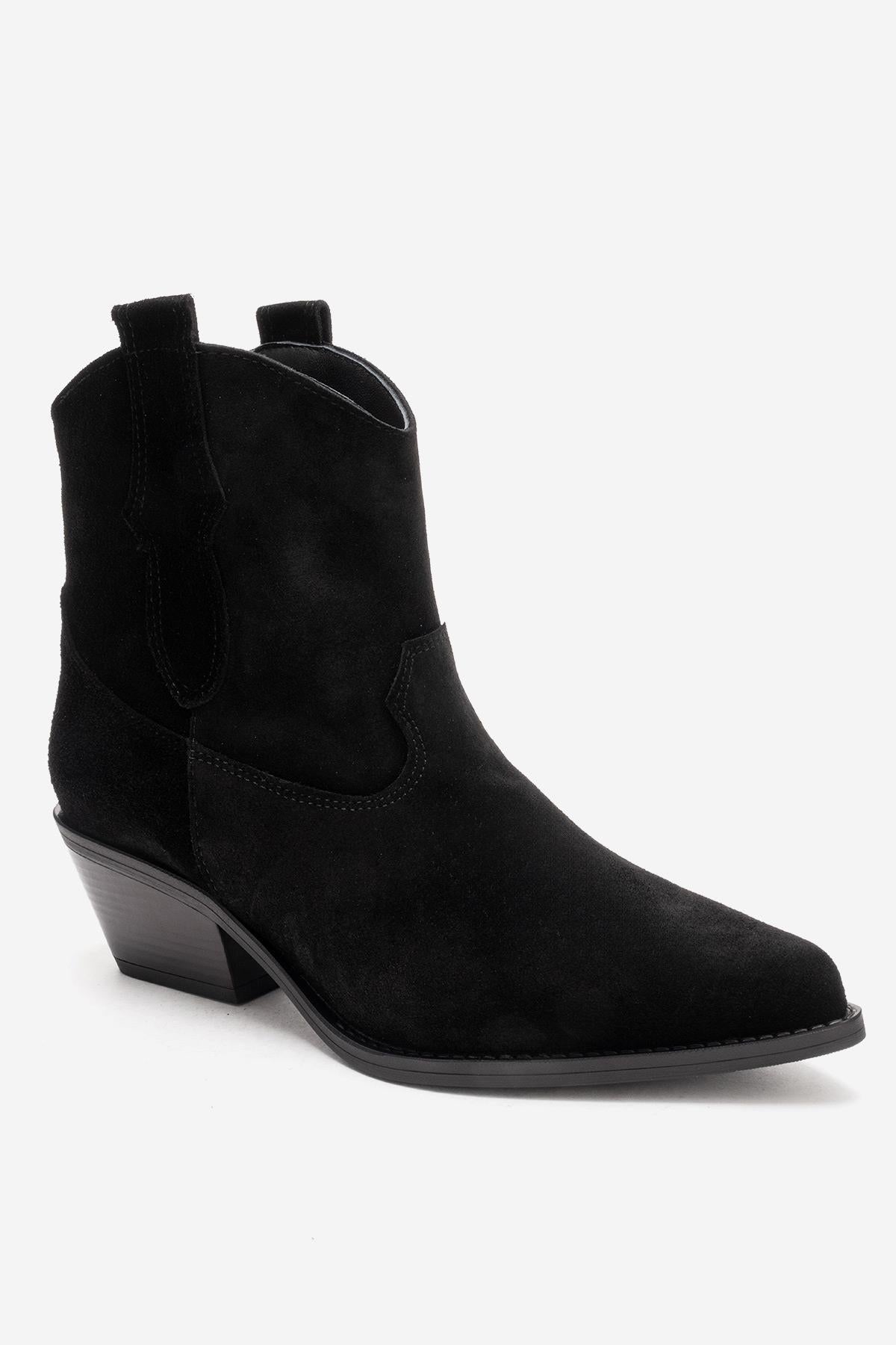 ELIA - Black Genuine Leather Block Heel Western Boot – back view showing leather, suede, black, Vowalisse