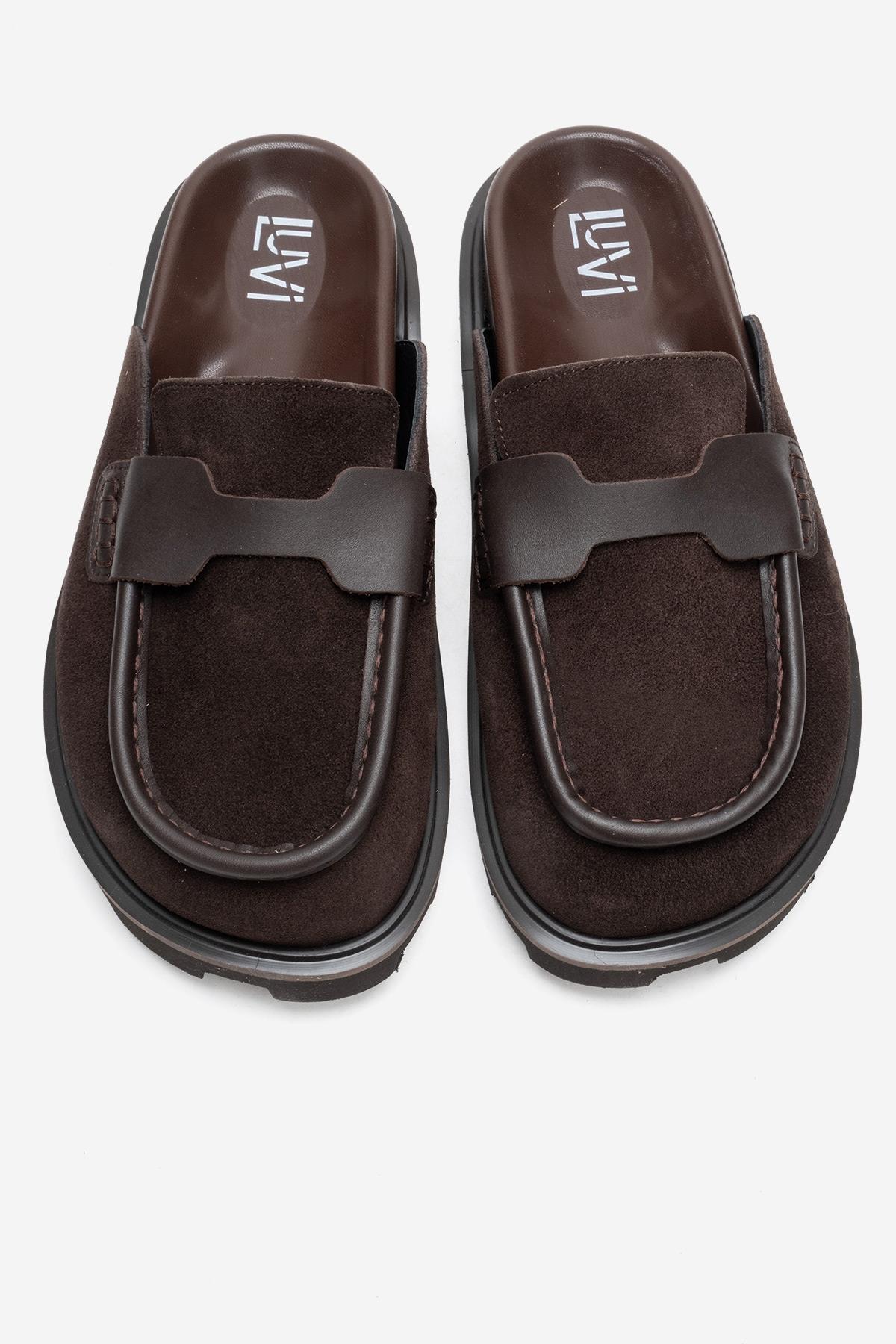 VELA - Cognac Genuine Suede Leather Low Heel Mule – side view showing leather, suede, Vowalisse