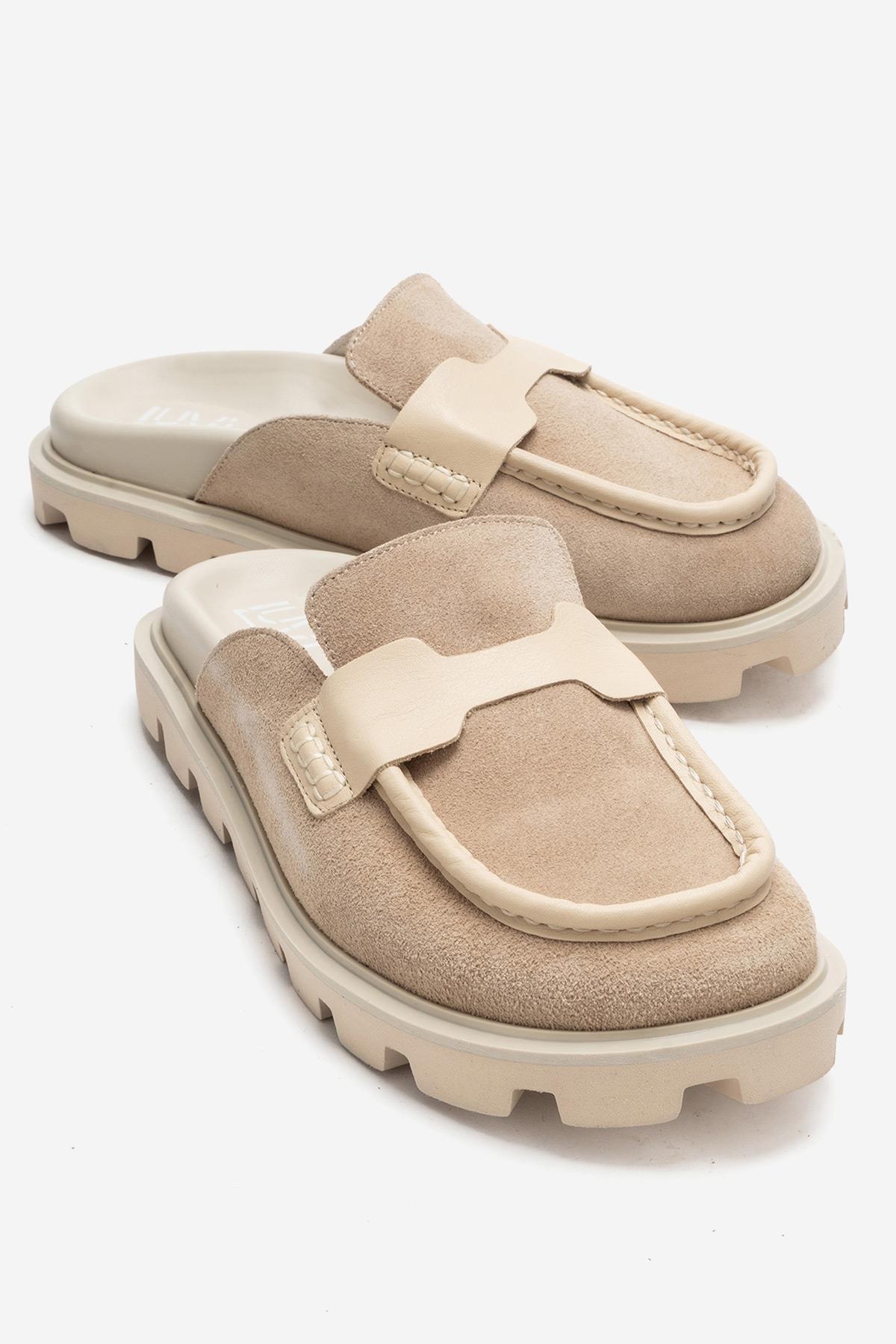 VELA - Beige Genuine Suede Leather Low Heel Mule – front three-quarter view showing leather, suede, Vowalisse
