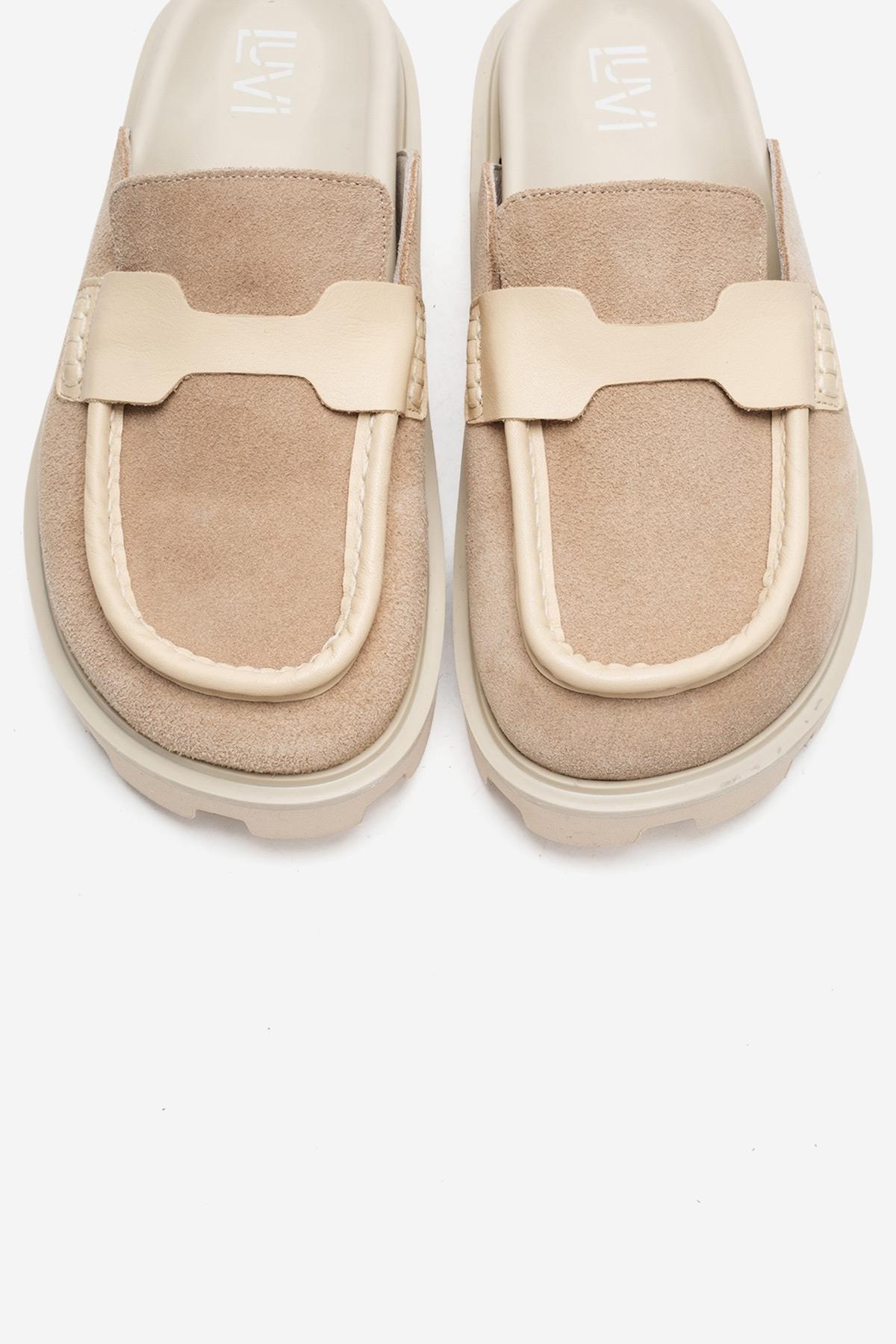 VELA - Beige Genuine Suede Leather Low Heel Mule – side view showing leather, suede, Vowalisse