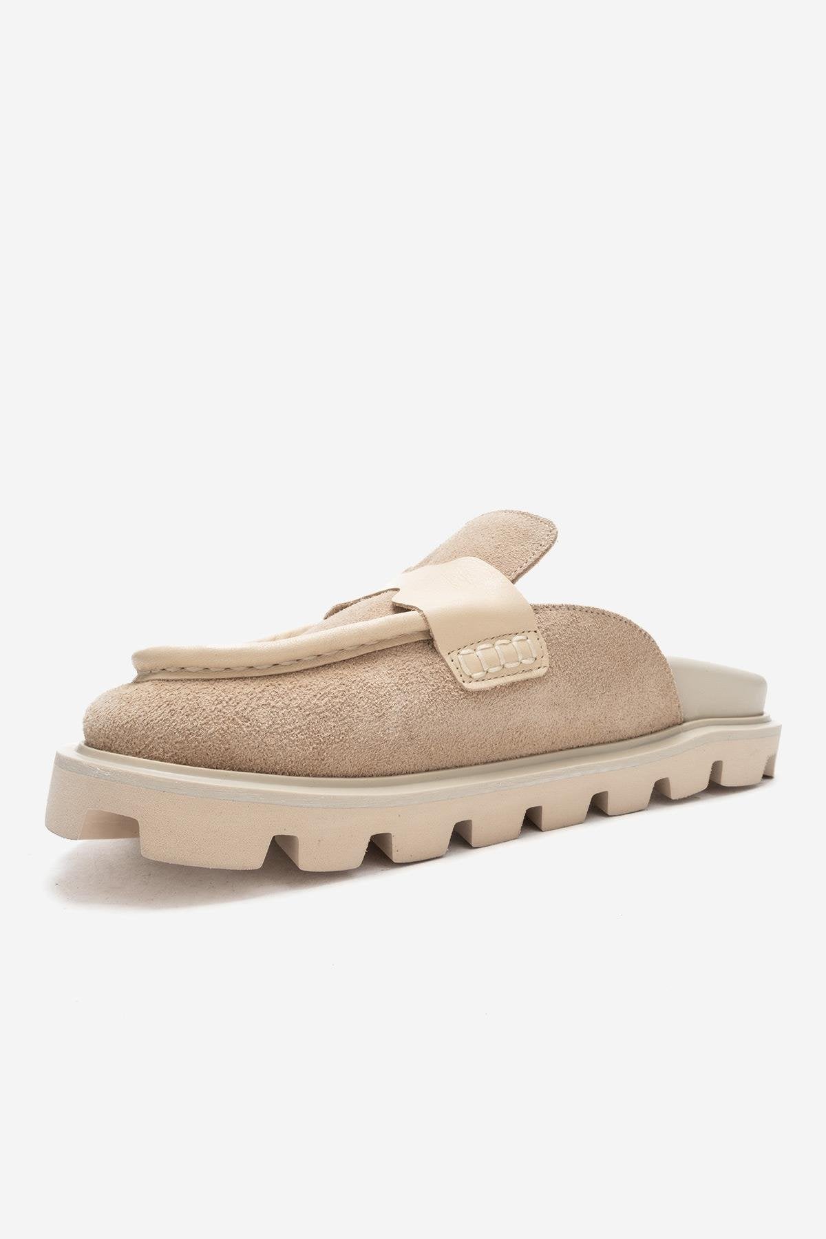 VELA - Beige Genuine Suede Leather Low Heel Mule – heel view showing leather, suede, Vowalisse