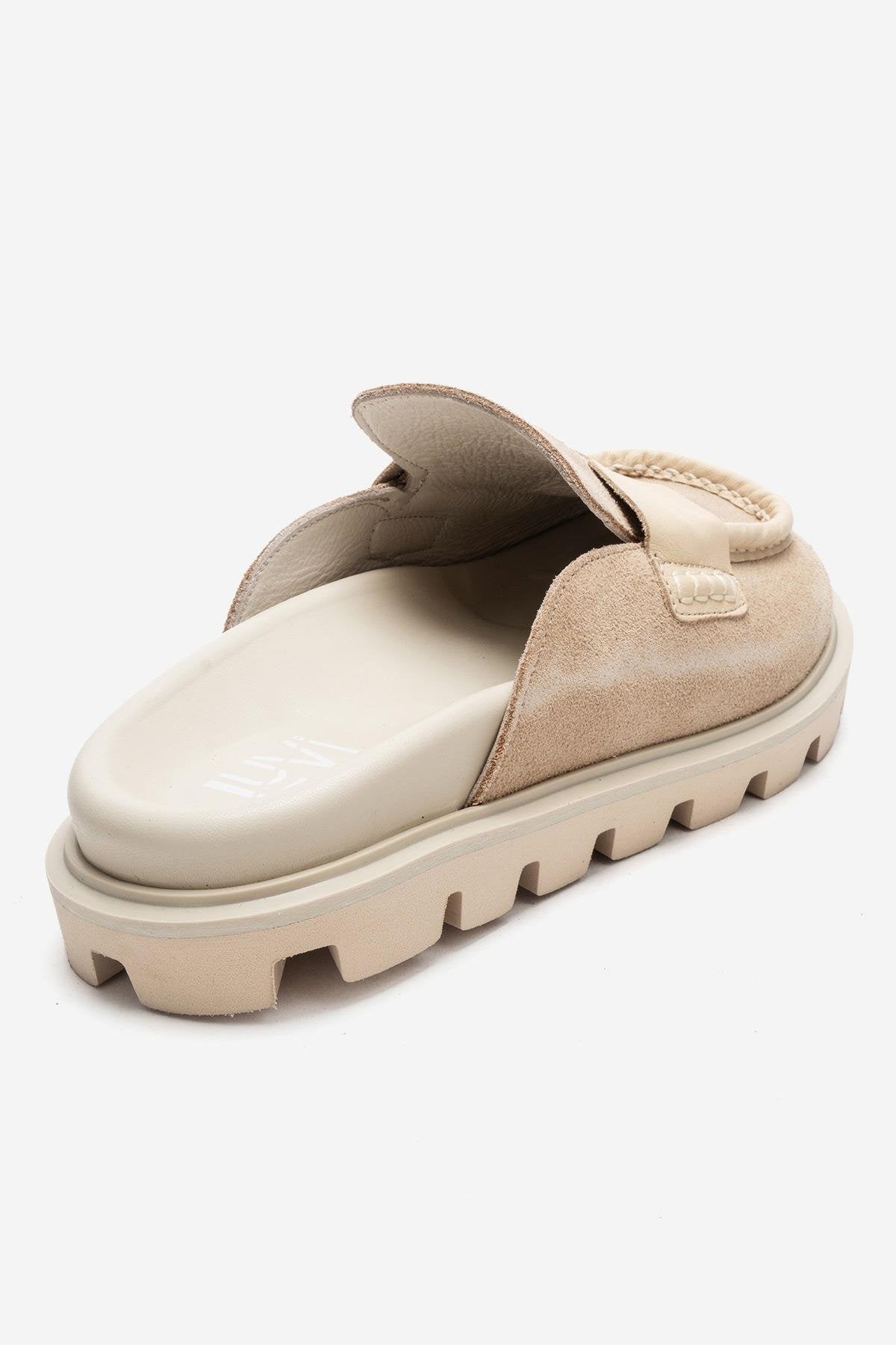 VELA - Beige Genuine Suede Leather Low Heel Mule – back view showing leather, suede, Vowalisse