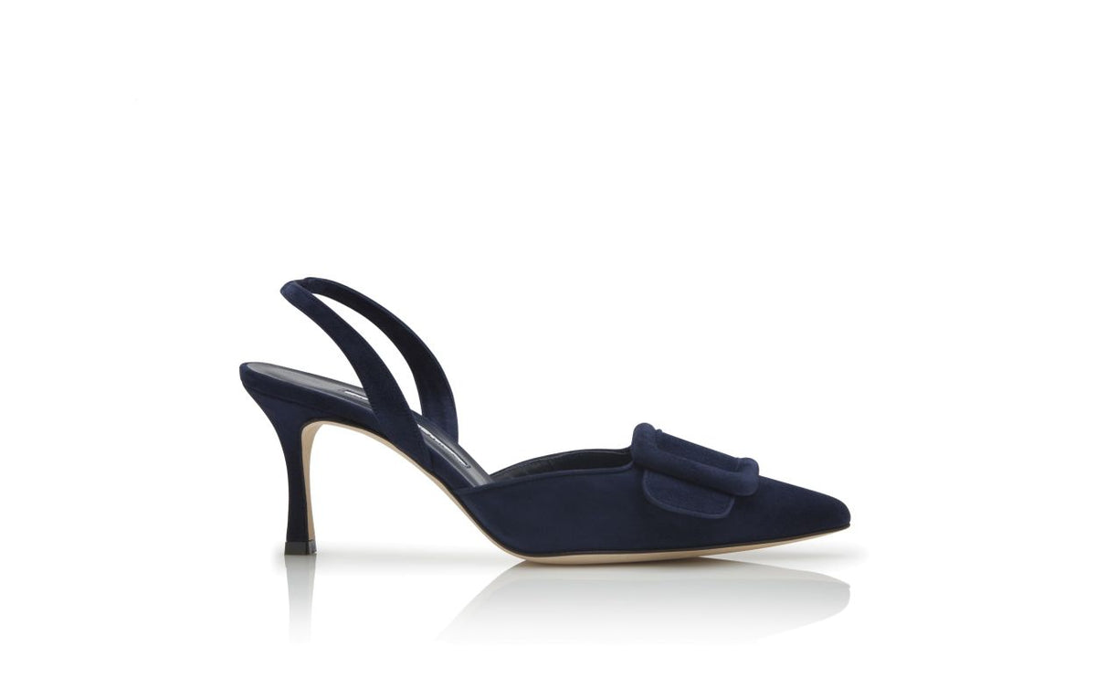 Elara Bloom Blue Slingback Slingbacks – side profile showing blue slingback, pointed toe, suede, Vowalisse