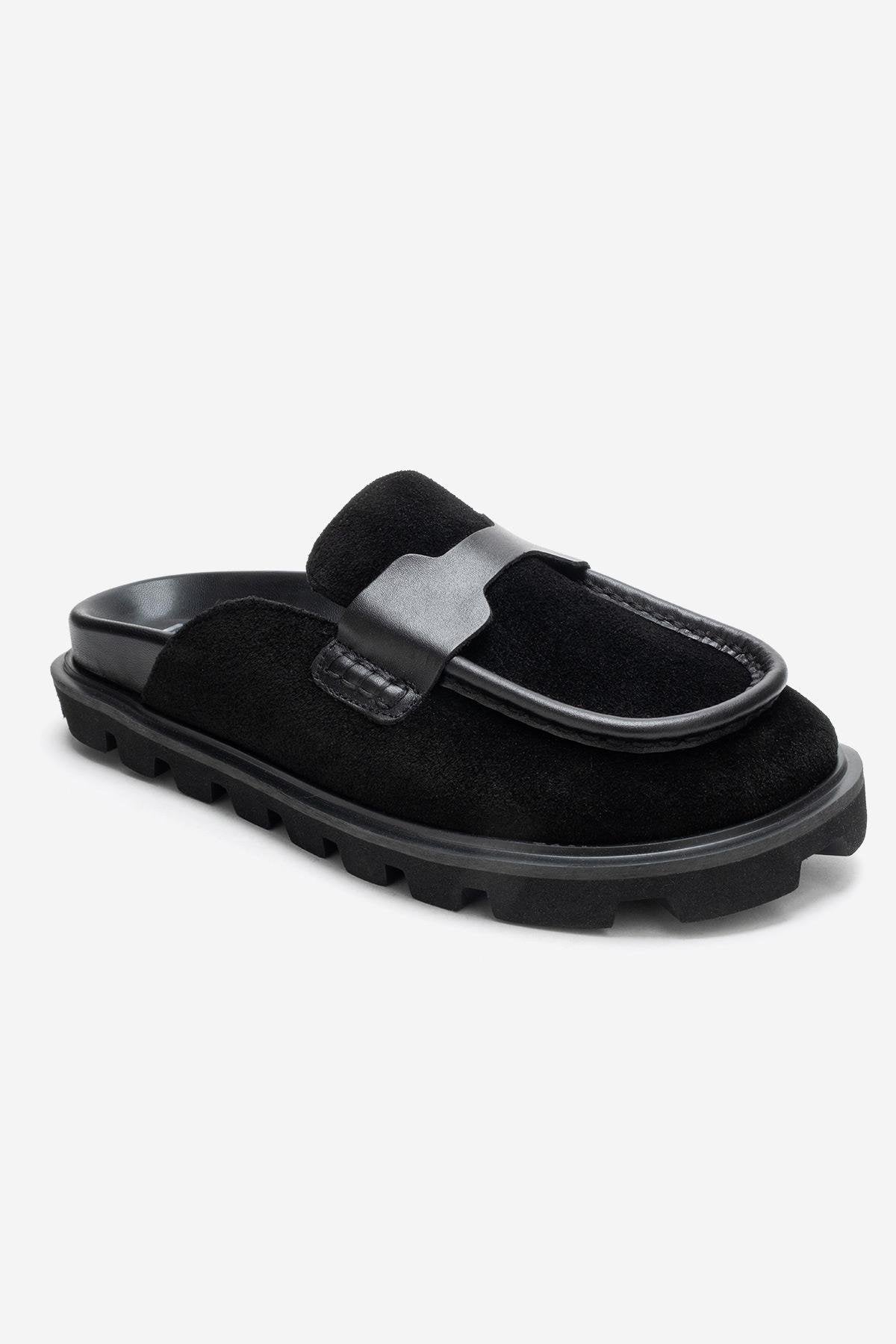 VELA - Black Genuine Suede Leather Low Heel Mule – detail view showing leather, suede, black, Vowalisse