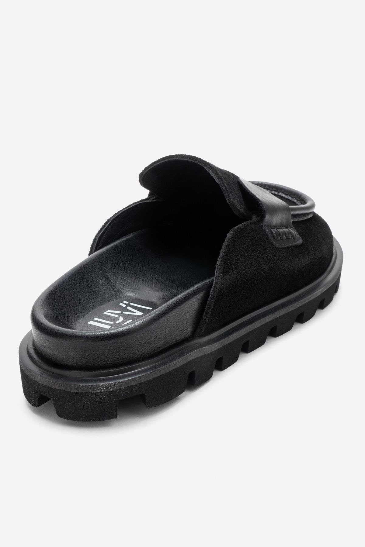 VELA - Black Genuine Suede Leather Low Heel Mule – back view showing leather, suede, black, Vowalisse