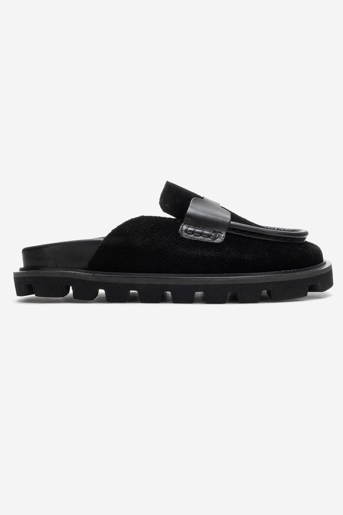 VELA - Black Genuine Suede Leather Low Heel Mule – top view showing leather, suede, black, Vowalisse
