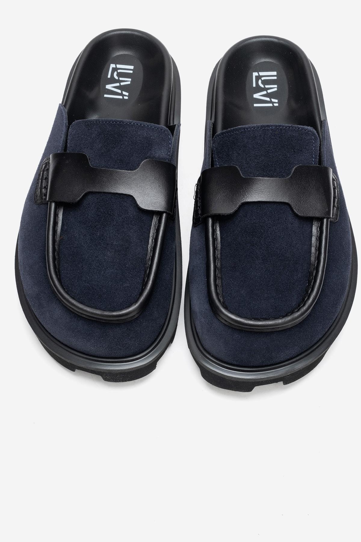 VELA - Navy Genuine Suede Leather Low Heel Mule – side view showing leather, suede, Vowalisse