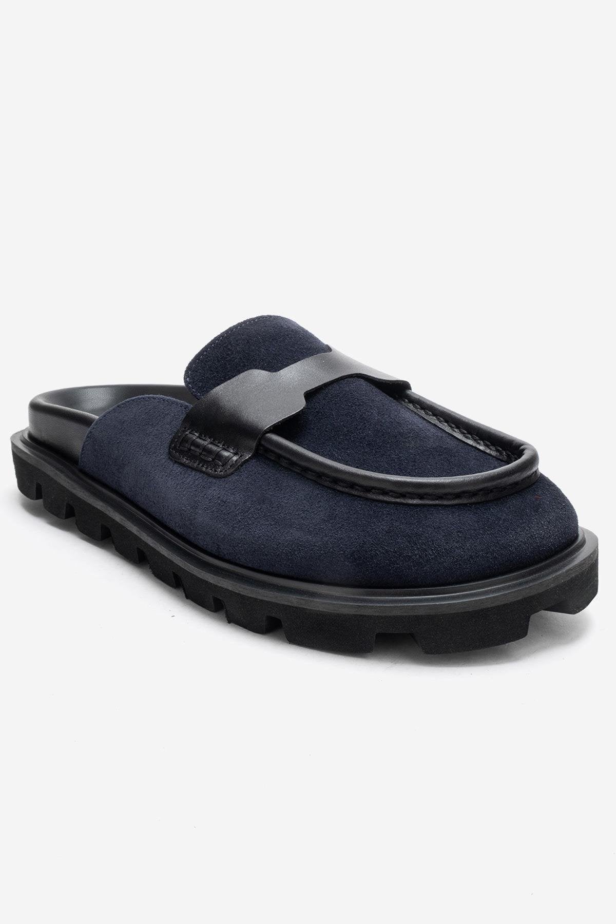 VELA - Navy Genuine Suede Leather Low Heel Mule – detail view showing leather, suede, Vowalisse