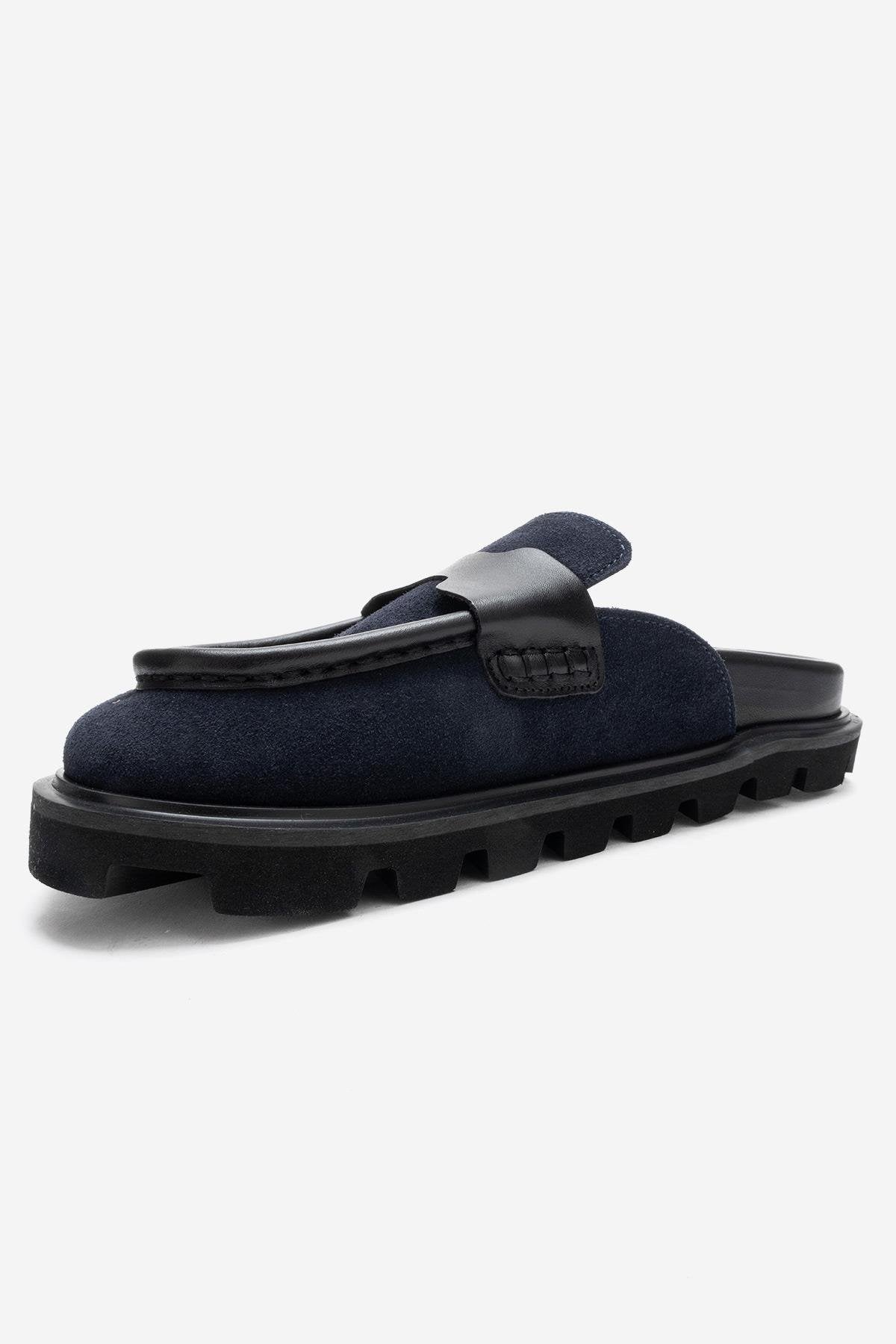 VELA - Navy Genuine Suede Leather Low Heel Mule – heel view showing leather, suede, Vowalisse