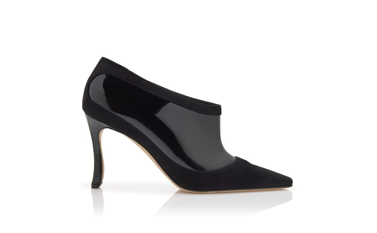Alessia Shine Black Almond Toe Shoe Boots – side profile showing black almond toe, suede, patent leather, Vowalisse