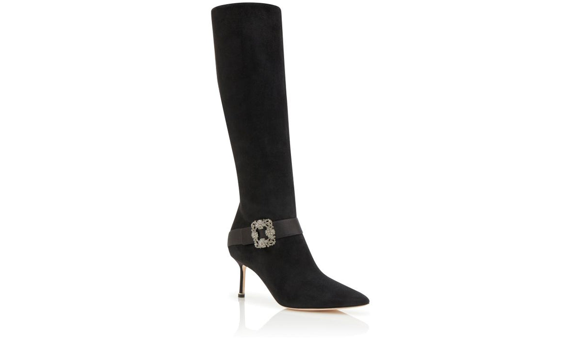 Anastasia Grace Black Jewel Buckle Knee-High Boots – top view showing black jewel buckle, crystal buckle, pointed toe…