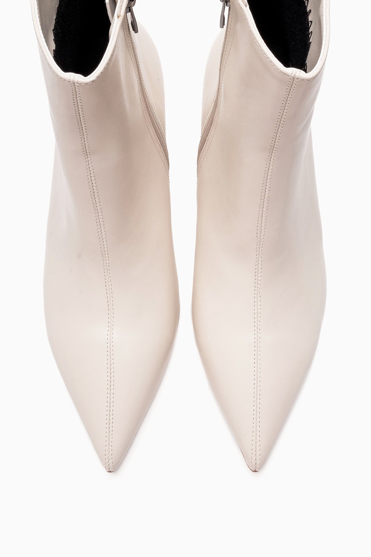 Noya - Beige Pointed Toe Slim Heel Boot – side view showing leather, Vowalisse