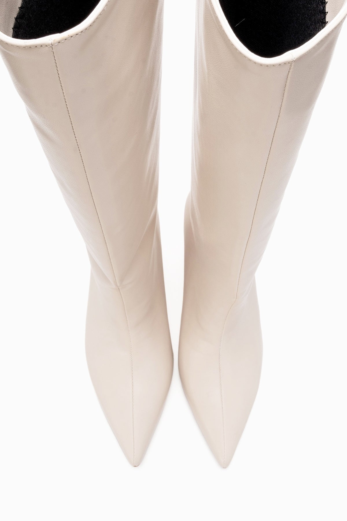 Camila - Beige Slim Heel Knee-High Boot – side view showing leather, Vowalisse