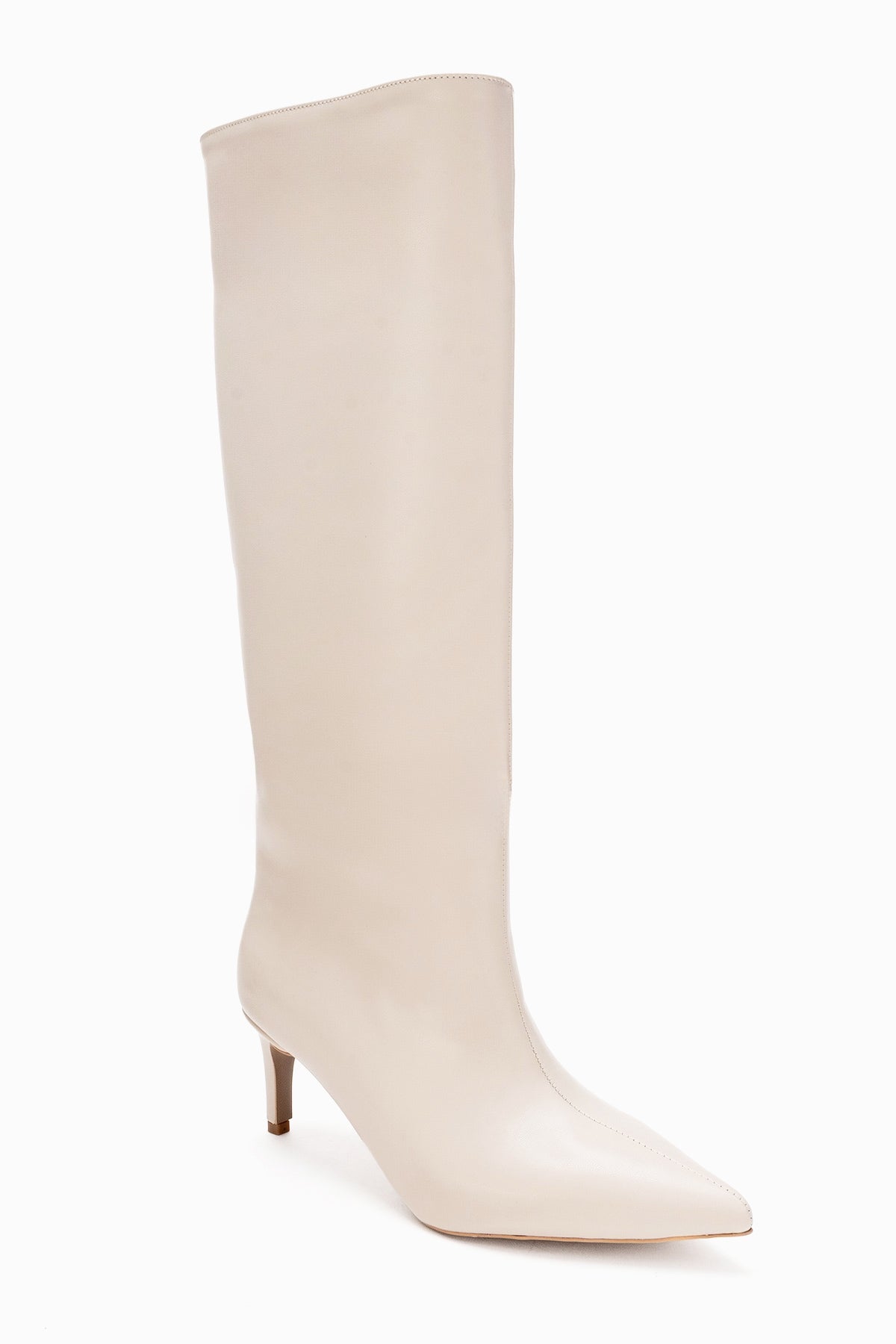 Camila - Beige Slim Heel Knee-High Boot – heel view showing leather, Vowalisse