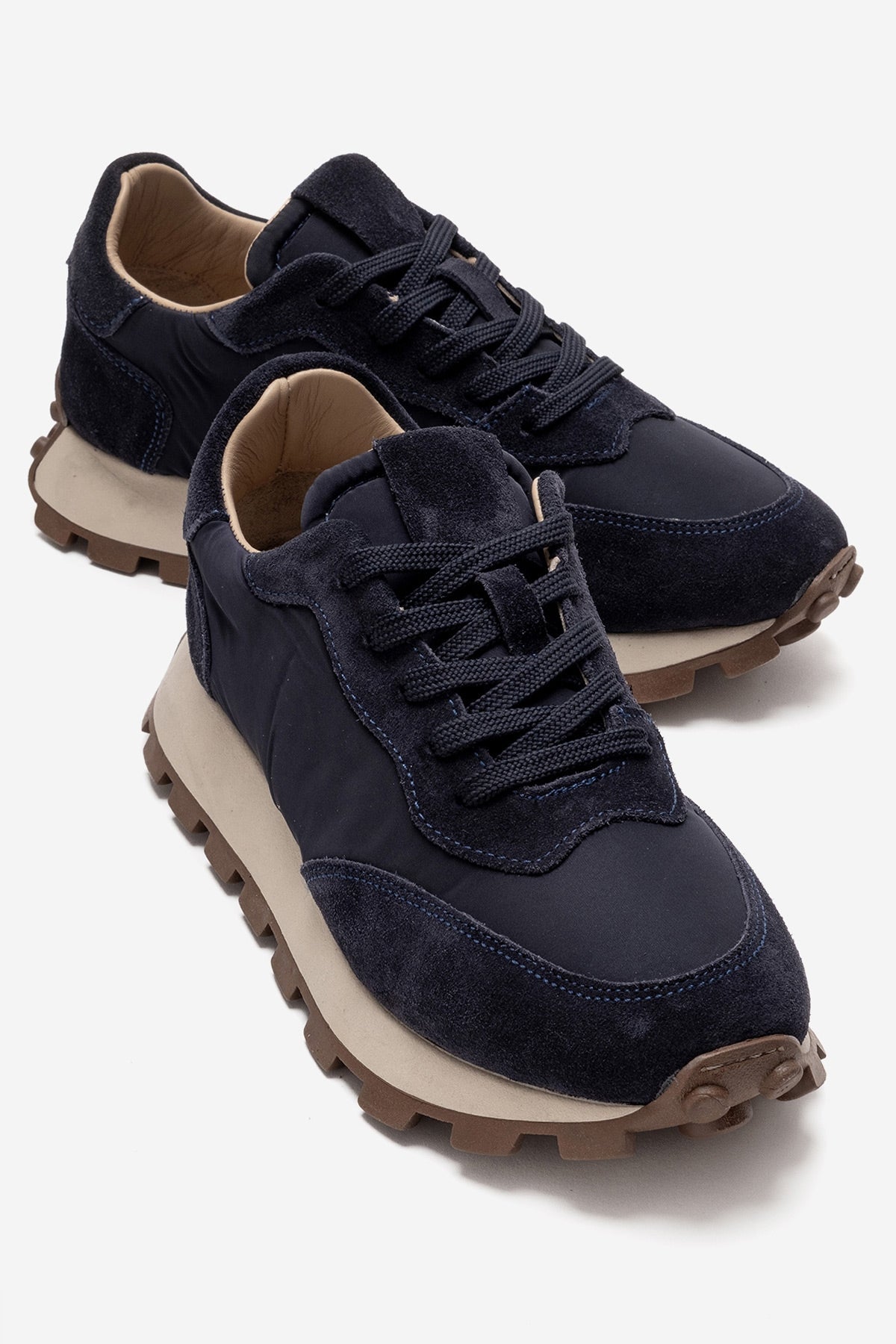 AMANDA - Navy Genuine Leather Sneaker – front three-quarter view showing leather, Vowalisse
