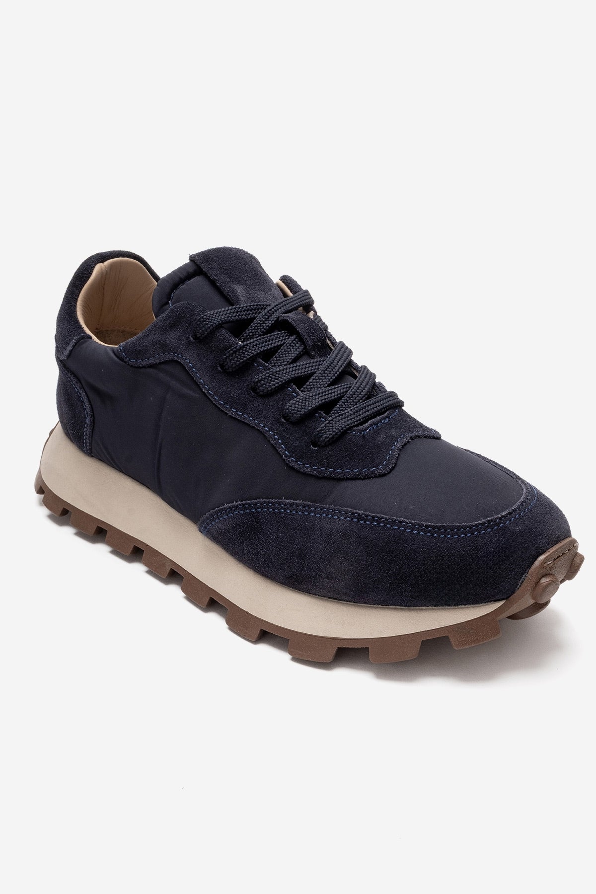 AMANDA - Navy Genuine Leather Sneaker – detail view showing leather, Vowalisse
