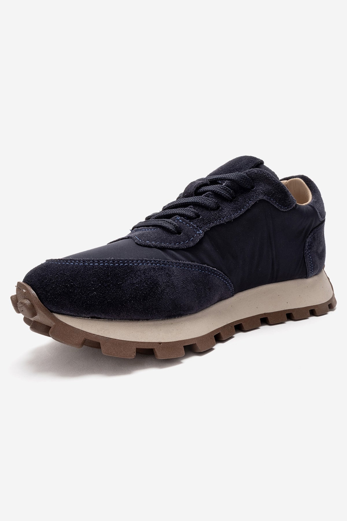 AMANDA - Navy Genuine Leather Sneaker – heel view showing leather, Vowalisse