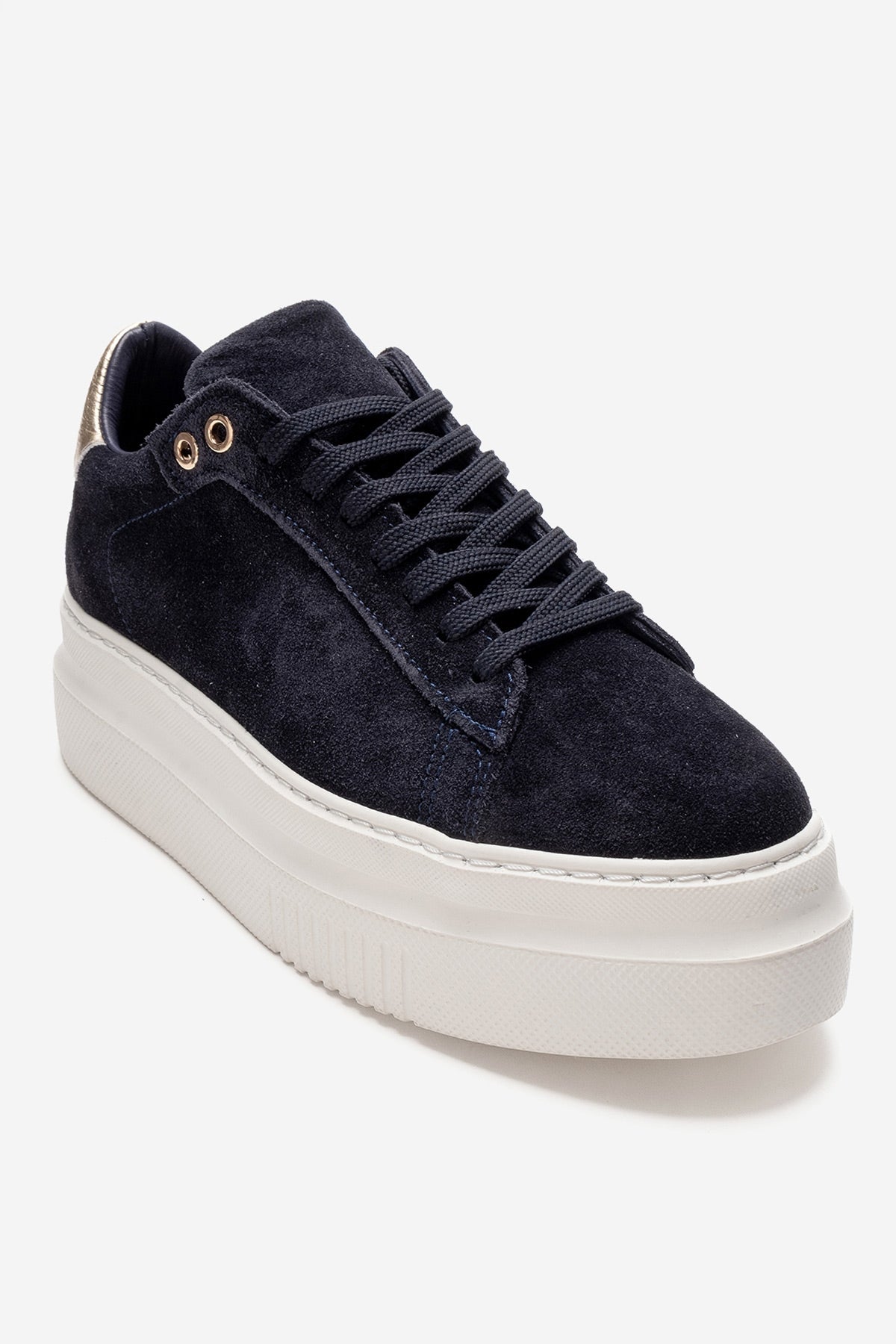 Nera - Navy Genuine Leather Casual Sneaker – detail view showing leather, suede, Vowalisse