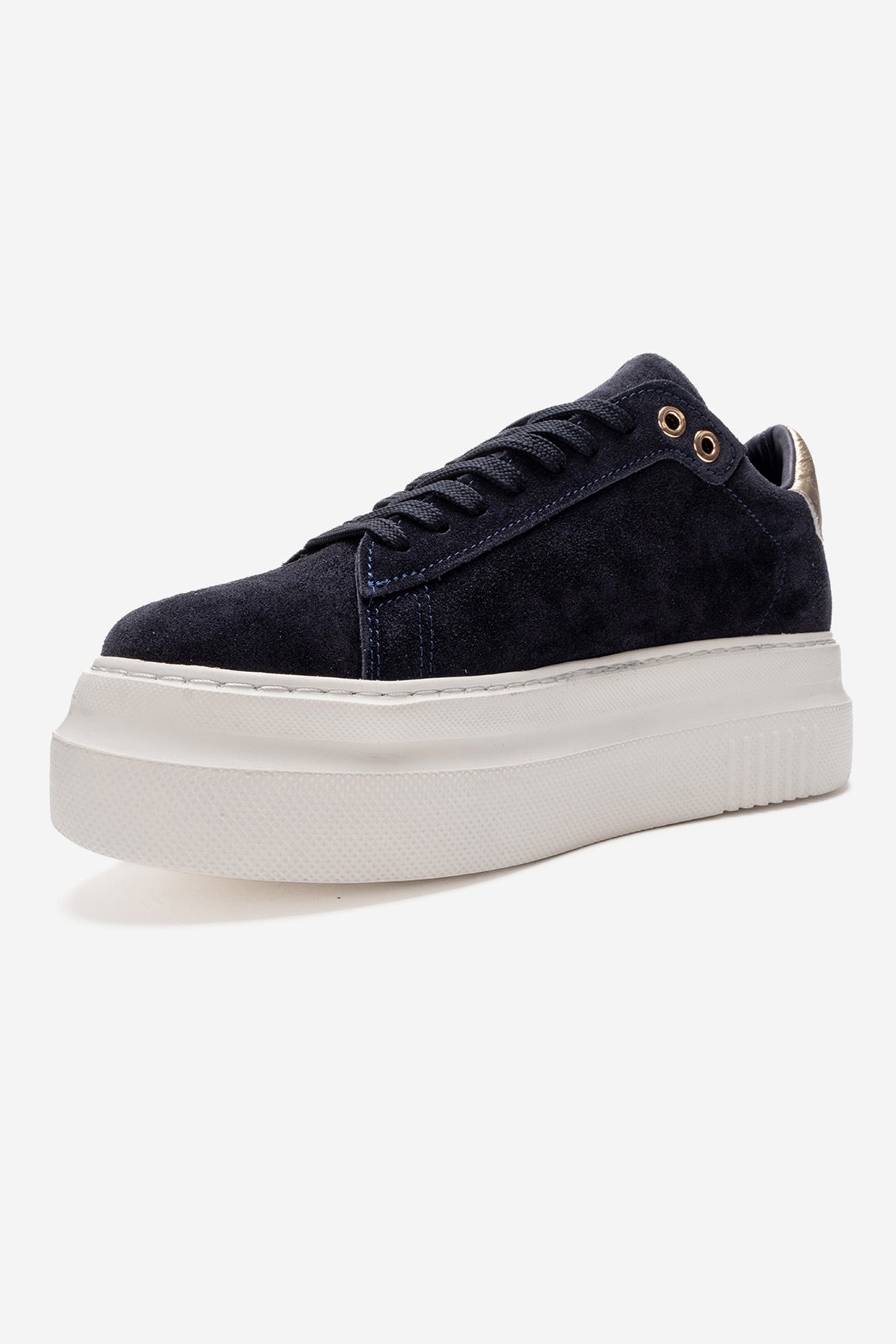 Nera - Navy Genuine Leather Casual Sneaker – heel view showing leather, suede, Vowalisse