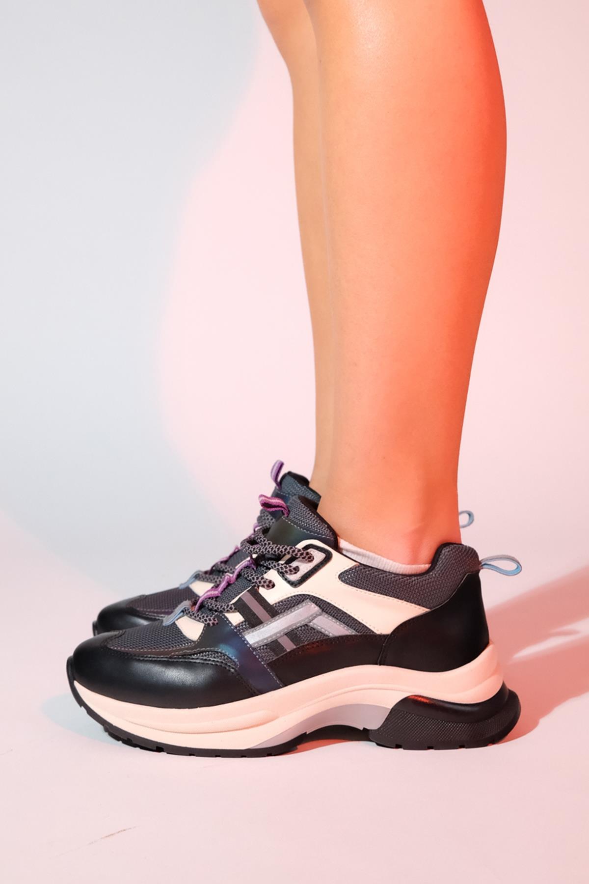 Sterda - Black/Green Thick-Sole Sport Sneaker – top view showing leather, black, green, Vowalisse