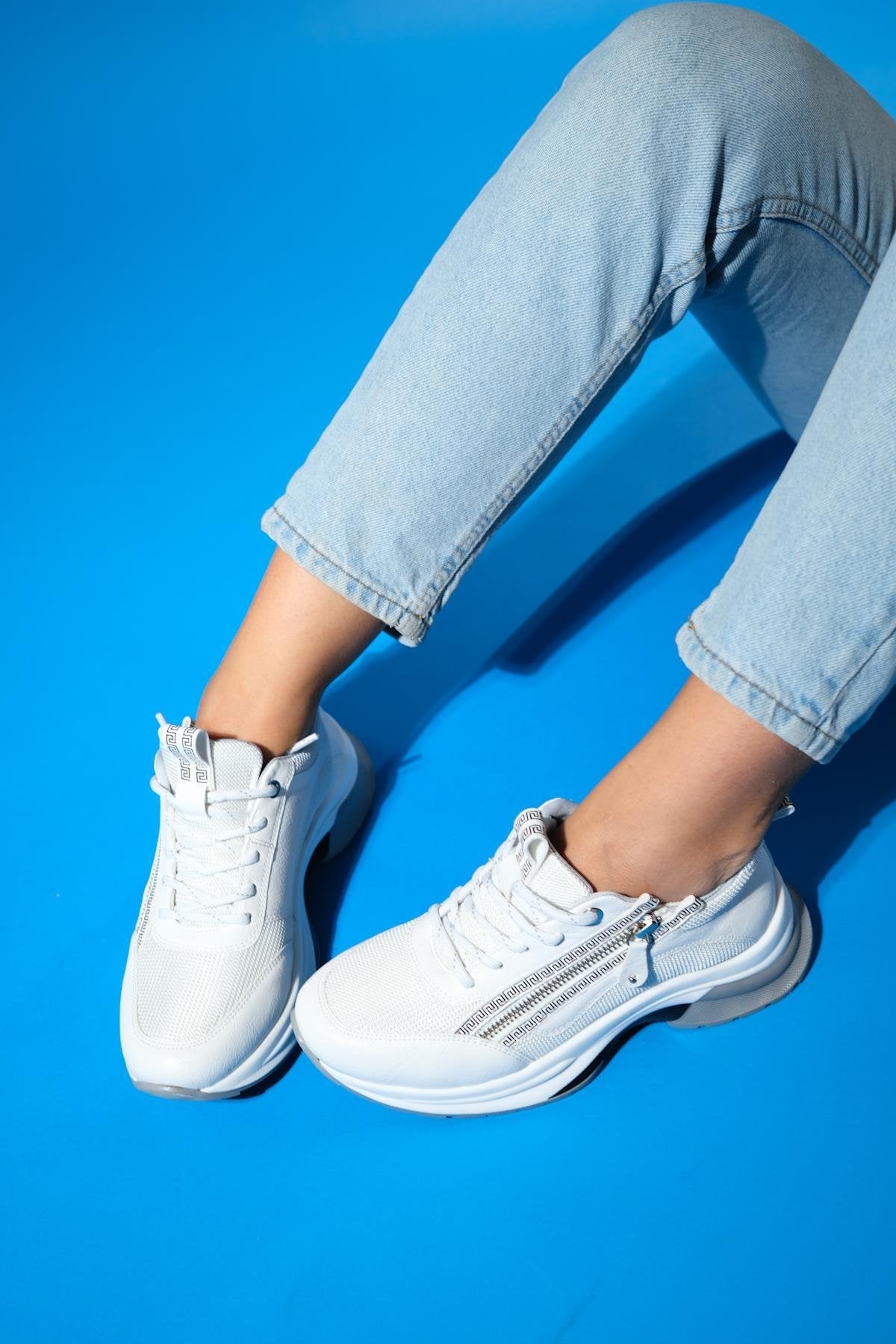 Oude - White Zip-Front Thick-Sole Sport Sneaker – top view showing leather, white, Vowalisse