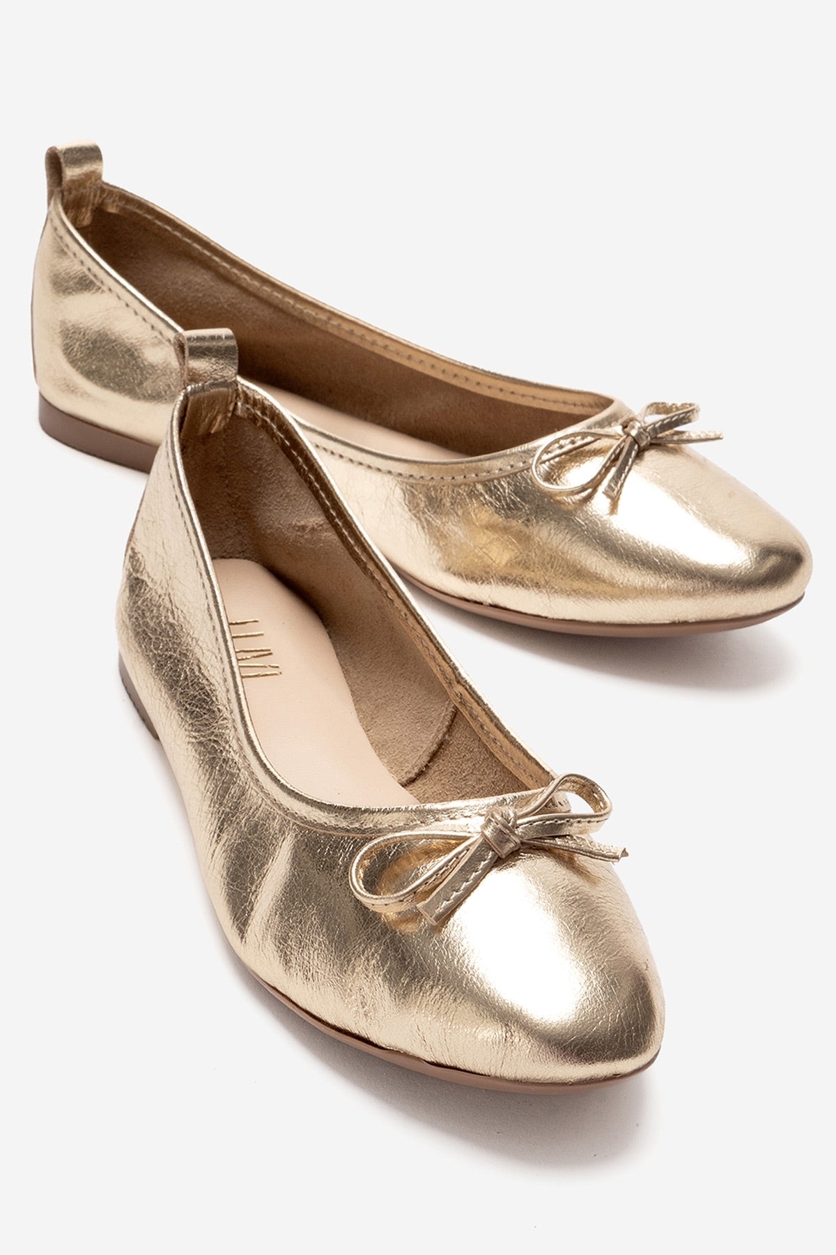 01 - Gold Genuine Leather Ballet Flat – front three-quarter view showing leather, gold, Vowalisse