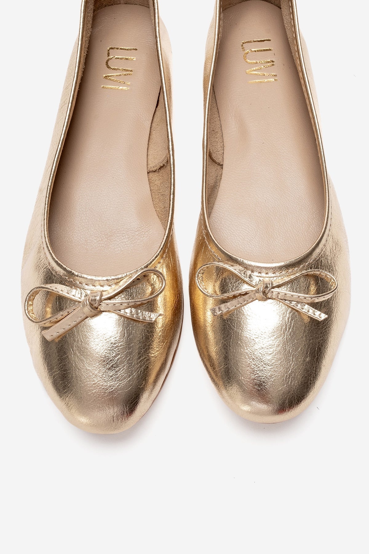 01 - Gold Genuine Leather Ballet Flat – side view showing leather, gold, Vowalisse