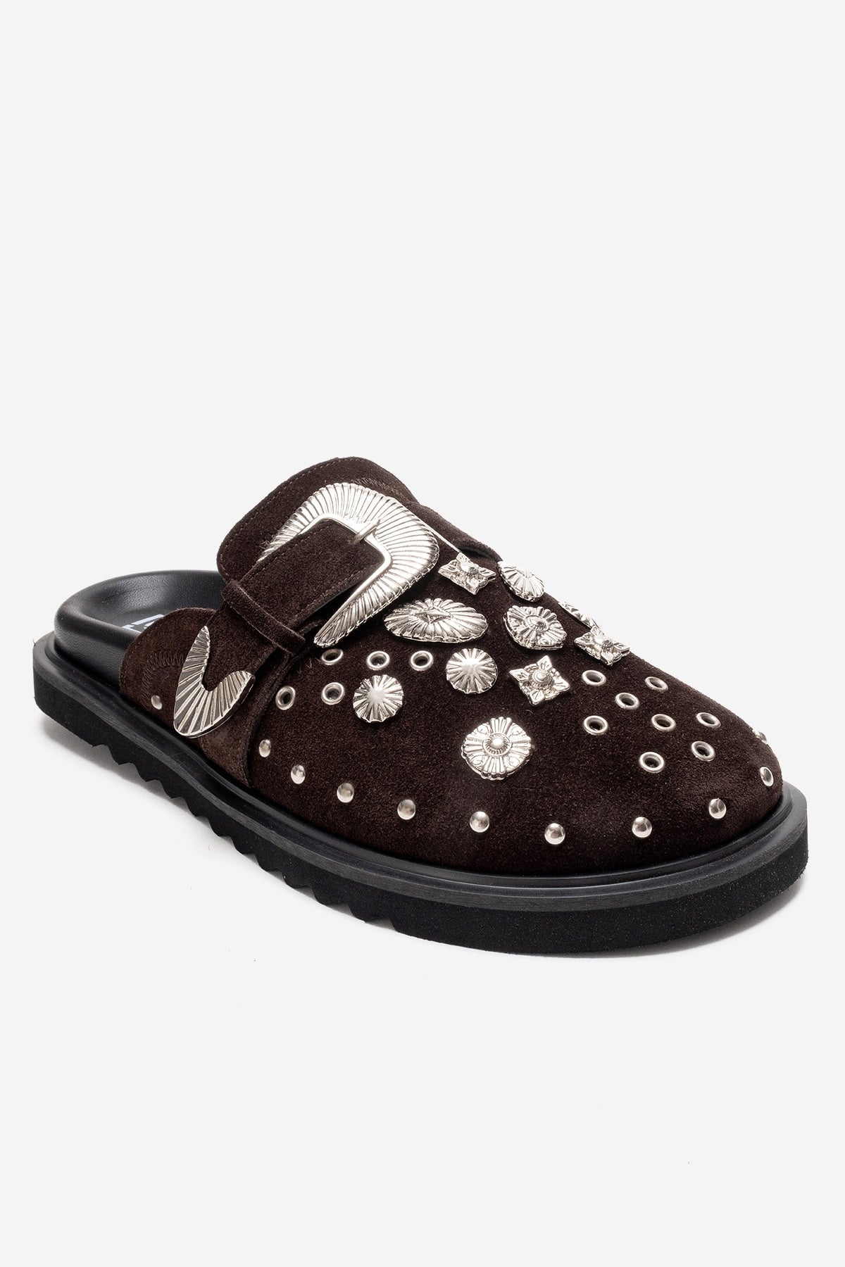 Maril - Brown Genuine Leather Buckled Closed-Toe Mule – detail view showing leather, suede, Vowalisse