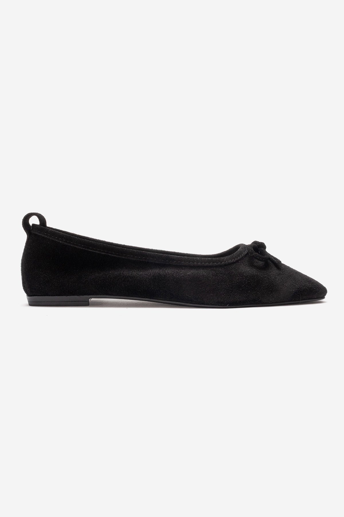 Sosa - Black Suede Genuine Leather Bow Ballet Flat – top view showing bow, leather, suede, Vowalisse