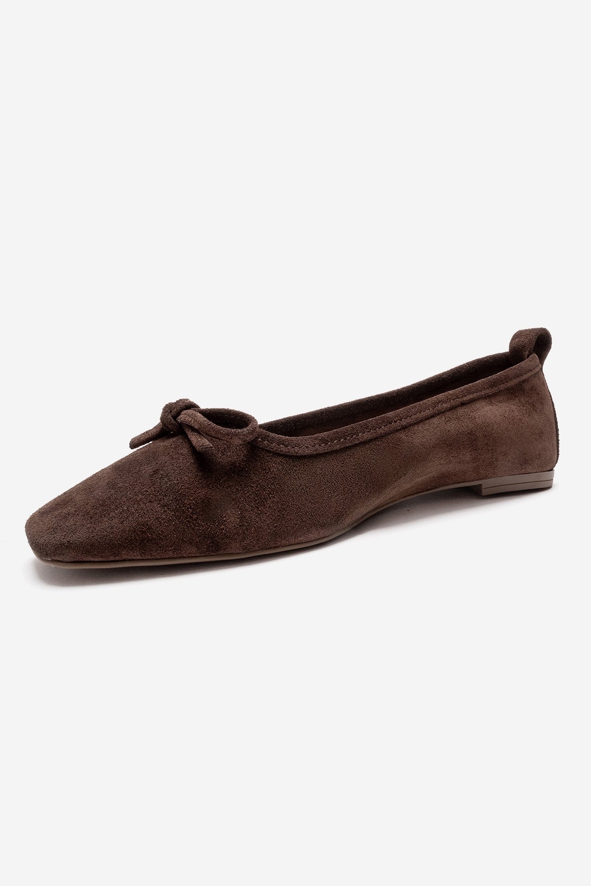 Sosa - Brown Suede Genuine Leather Bow Ballet Flat – heel view showing bow, leather, suede, Vowalisse