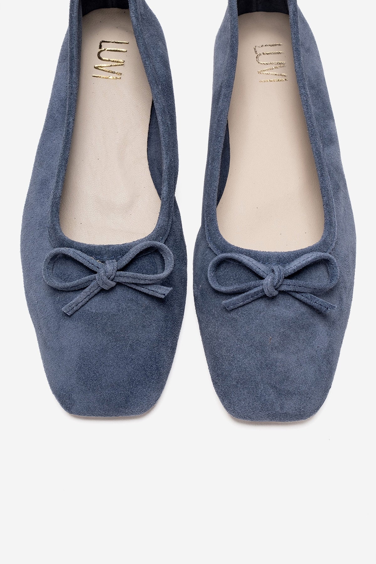 Sosa - Denim Blue Genuine Leather Bow Ballet Flat – side view showing bow, leather, blue, Vowalisse