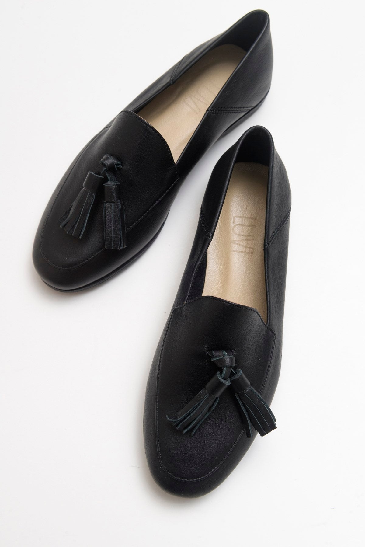 Mona - Black Soft Leather Tassel Loafers – detail view showing leather, suede, black, Vowalisse