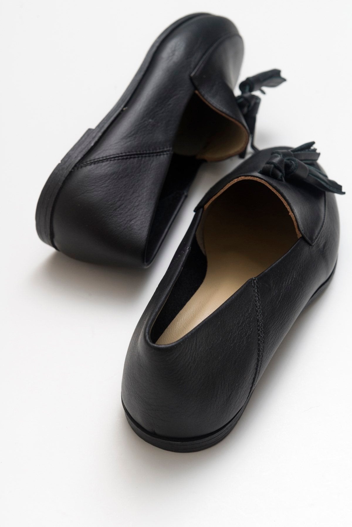 Mona - Black Soft Leather Tassel Loafers – back view showing leather, suede, black, Vowalisse
