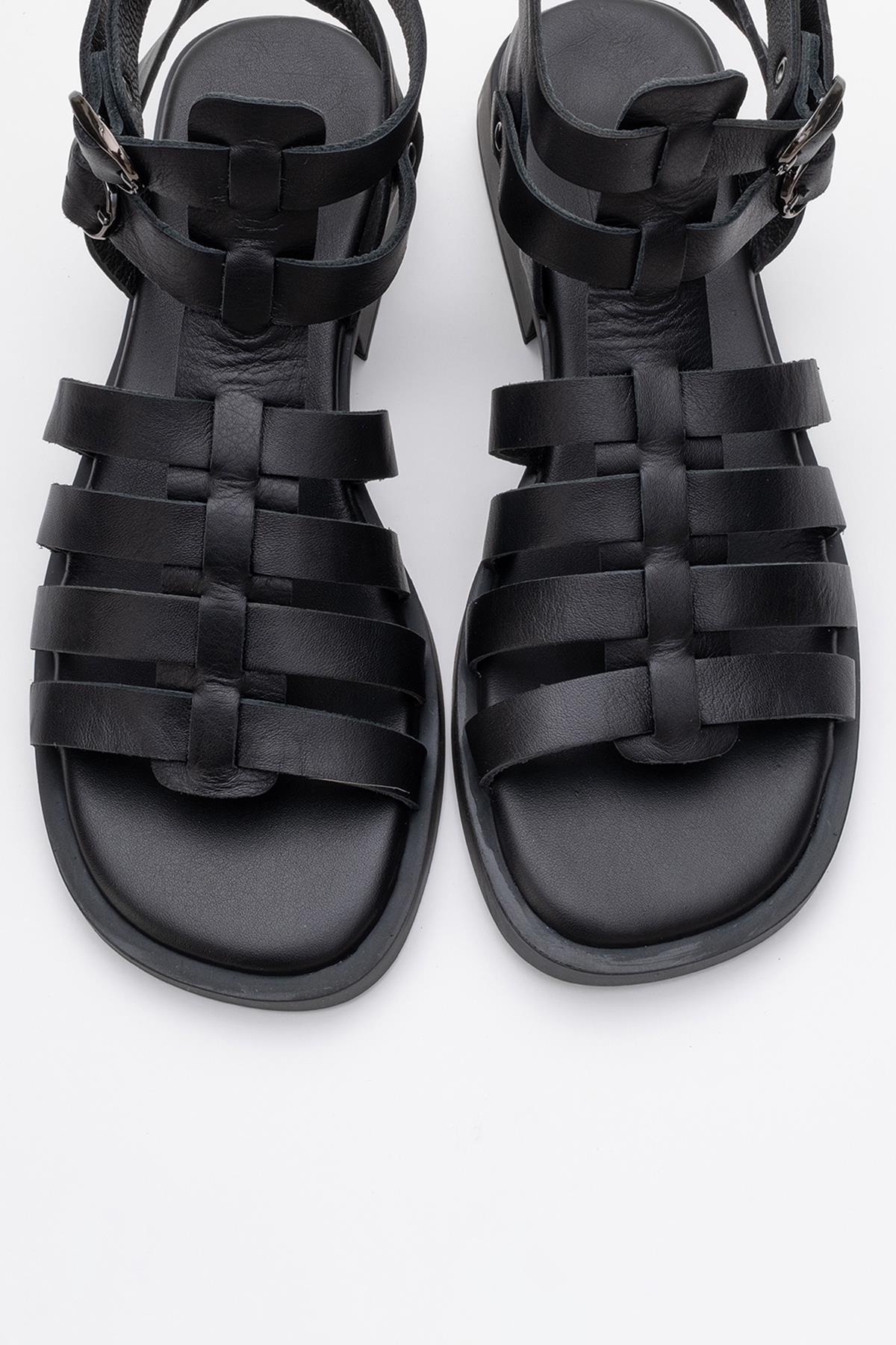 Frade - Black Leather Sandal – side view showing leather, black, Vowalisse