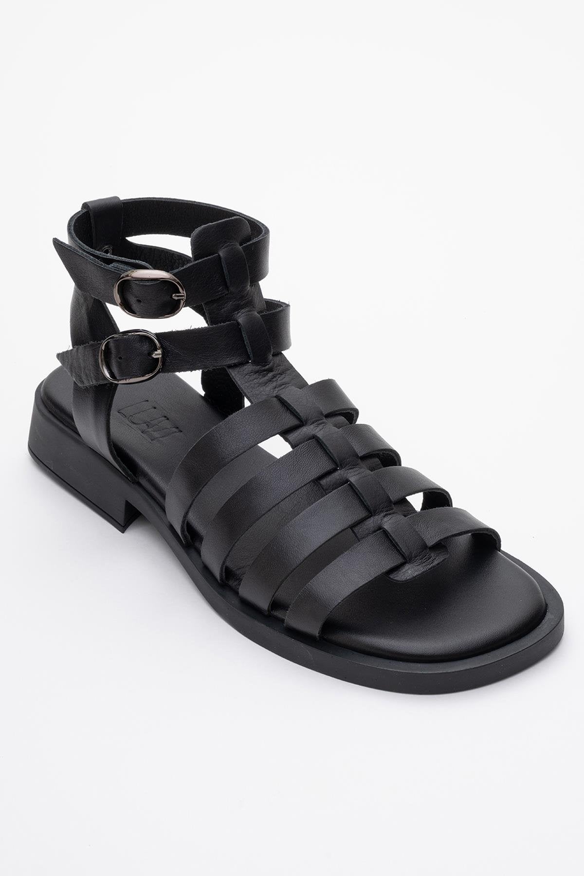 Frade - Black Leather Sandal – detail view showing leather, black, Vowalisse