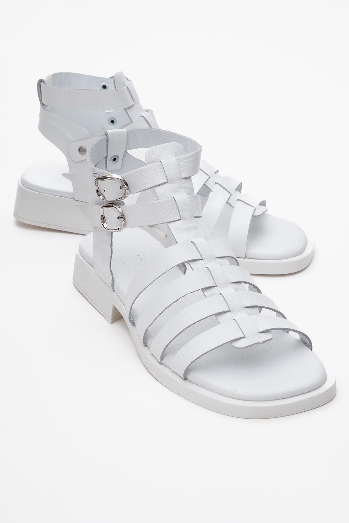 Frade - White Leather Sandal – front three-quarter view showing leather, white, Vowalisse