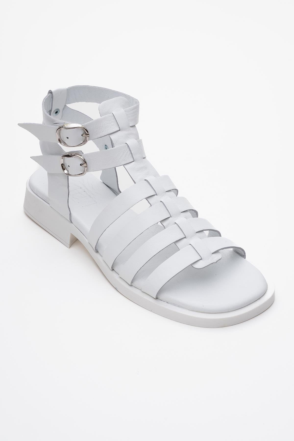 Frade - White Leather Sandal – detail view showing leather, white, Vowalisse