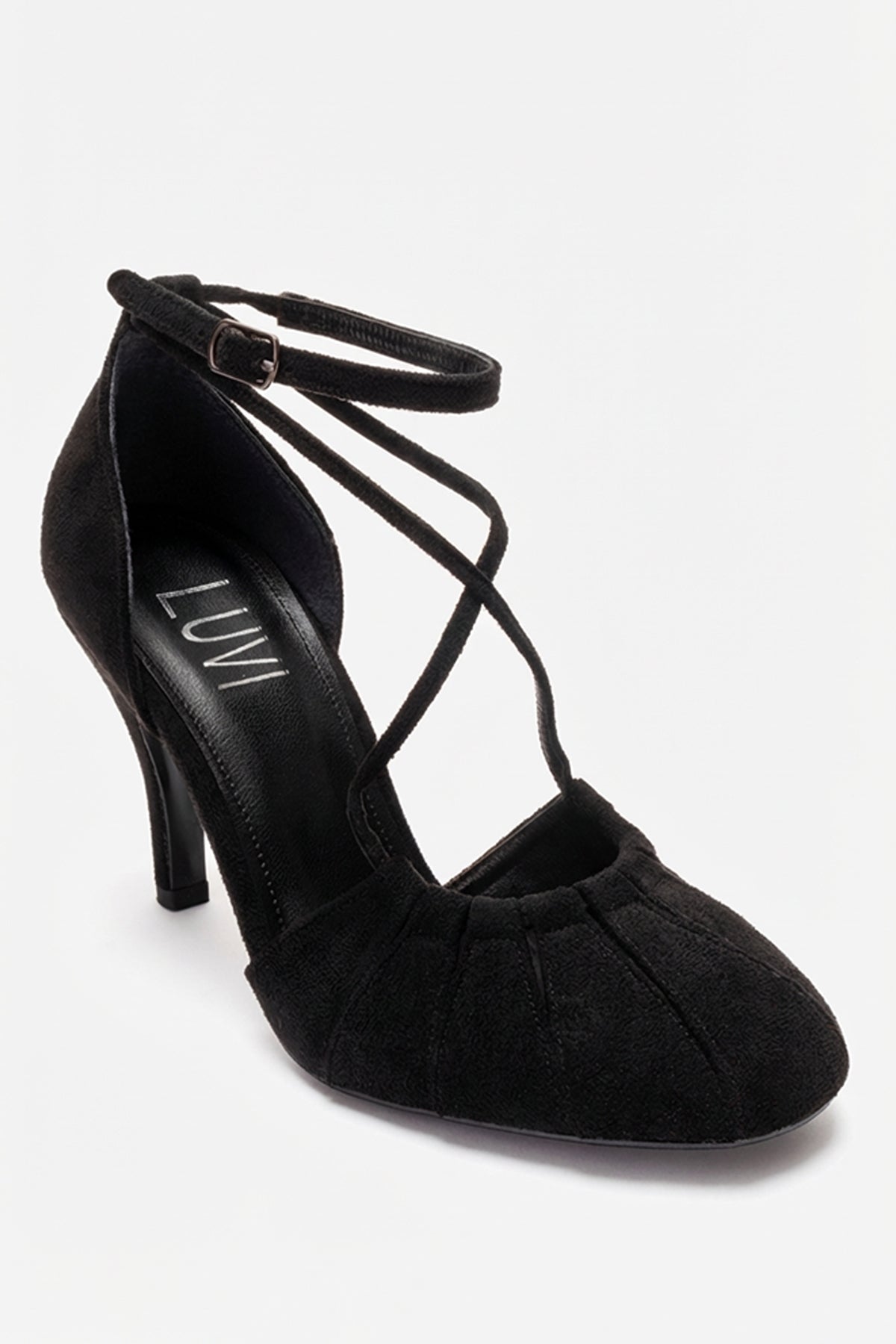 ELIZA - Black Suede Stiletto Pump – detail view showing leather, suede, black, Vowalisse