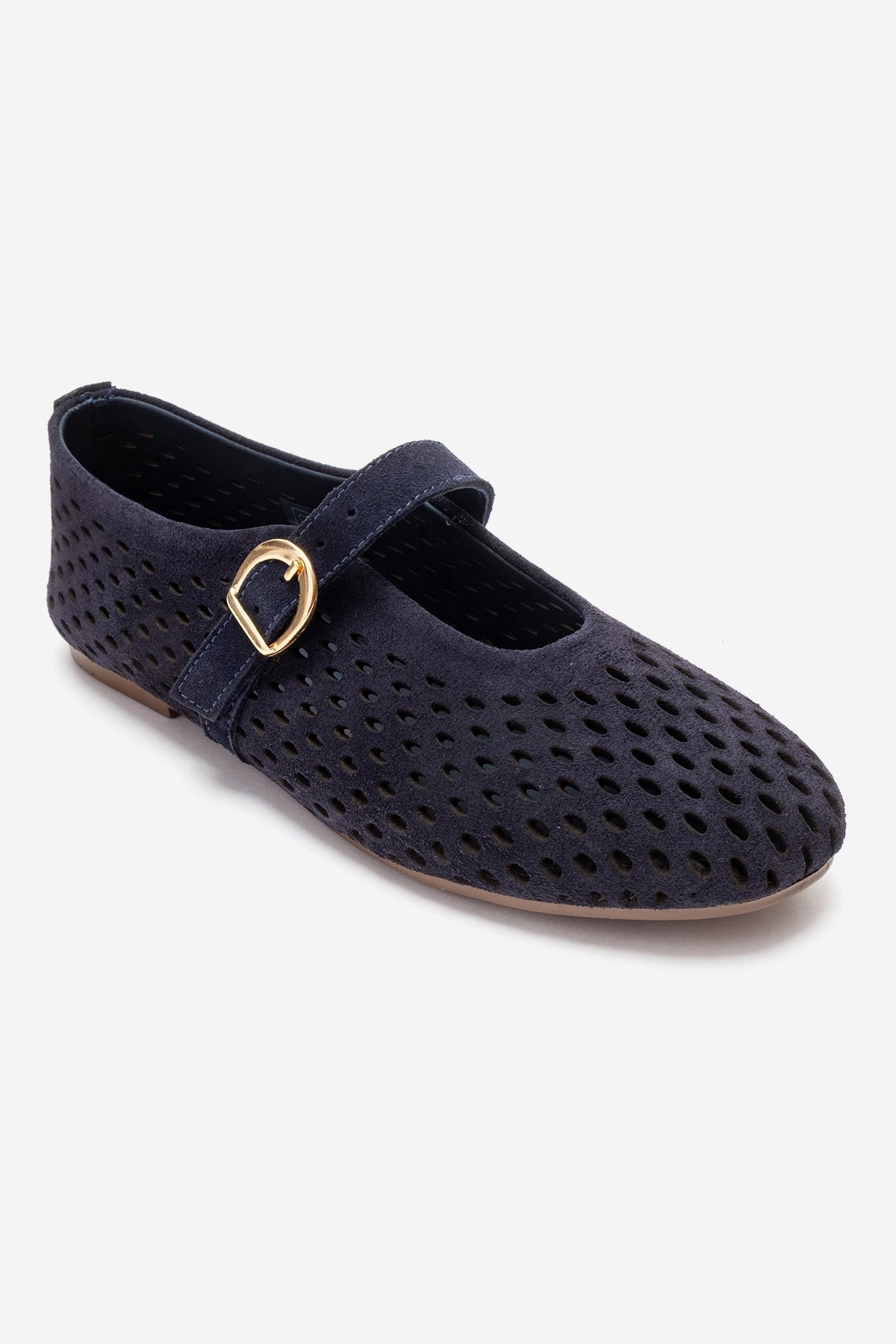 ARİAN - Navy Genuine Suede Leather Ballet Flat – detail view showing leather, suede, Vowalisse