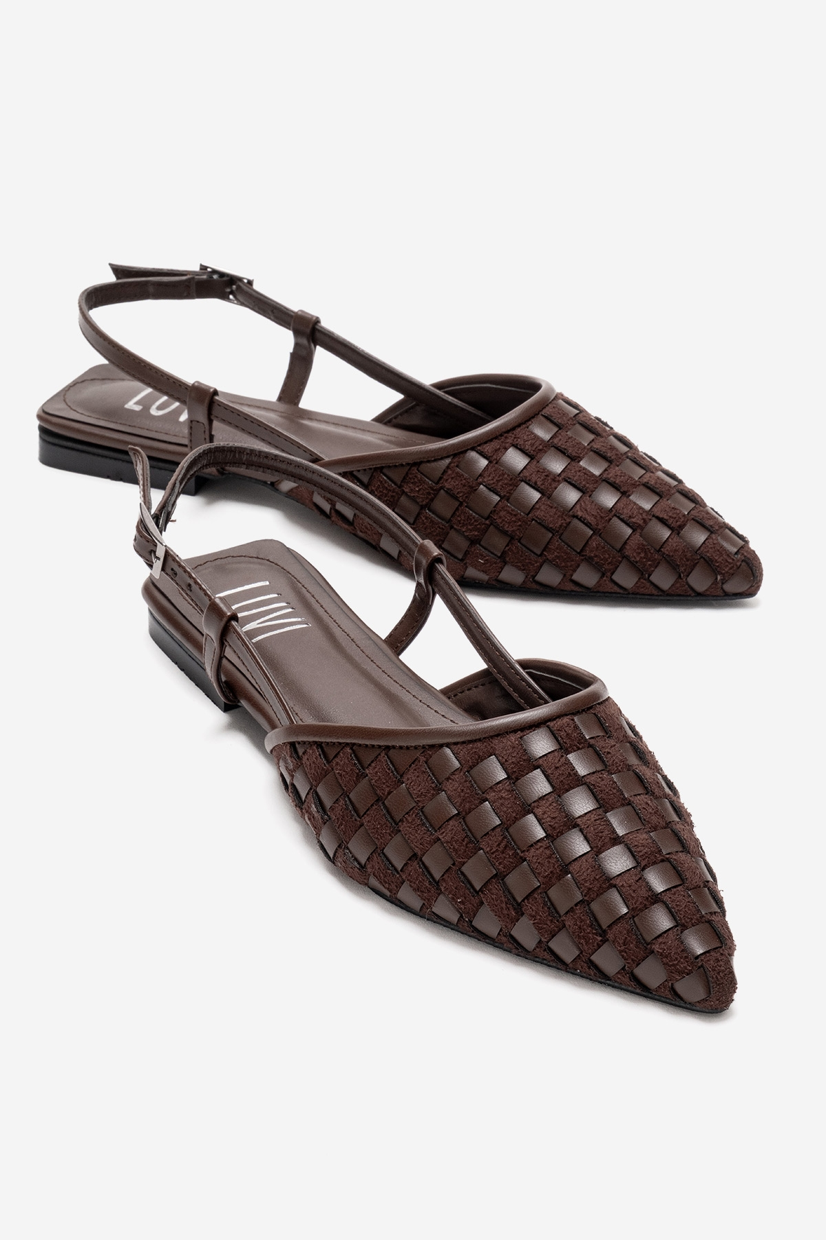 CHANDA - Brown Pointed Toe Sandal – front three-quarter view showing leather, Vowalisse