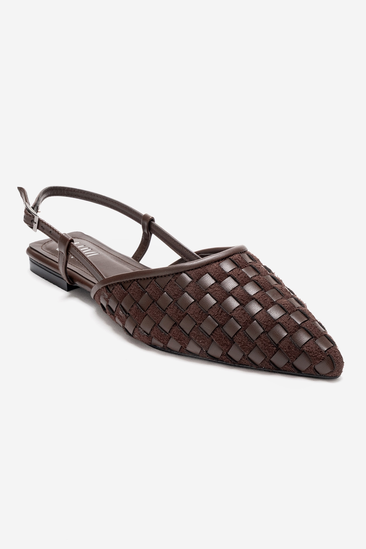 CHANDA - Brown Pointed Toe Sandal – detail view showing leather, Vowalisse